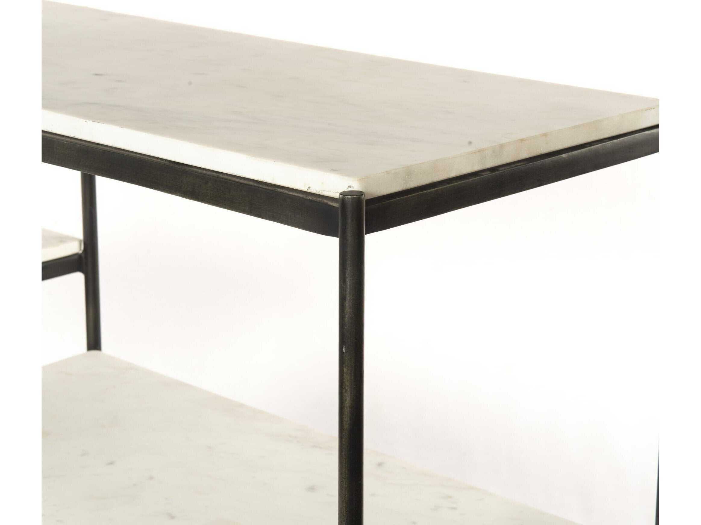 Four Hands Marlow Lily Rectangular Hammered Grey clear Powder Coat Polished White Marble Console Table