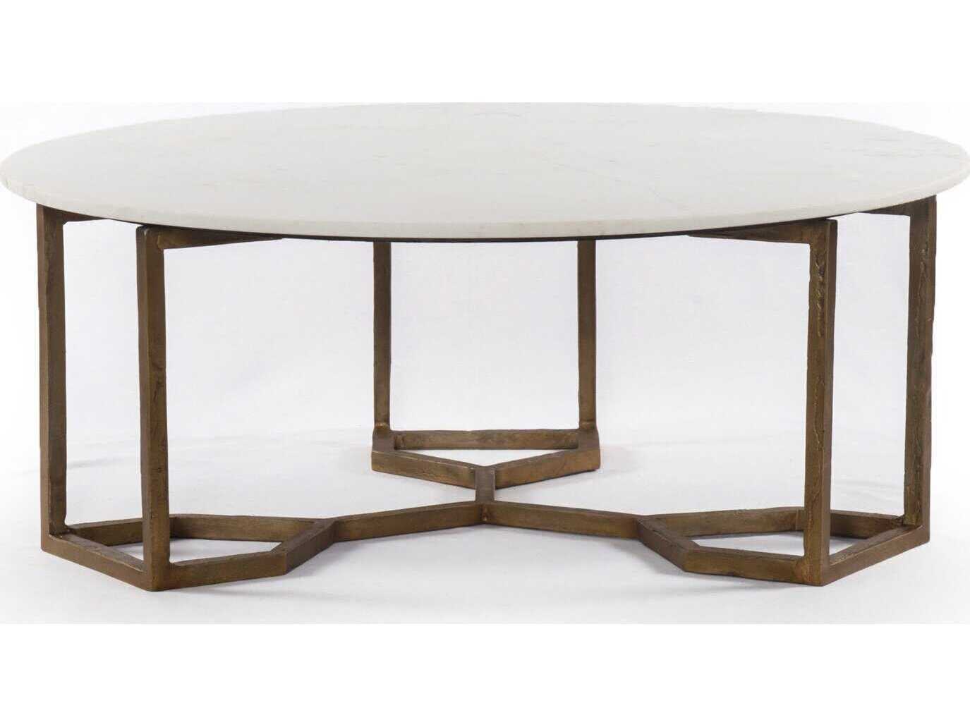 Four Hands Marlow Naomi Round Raw Brass Polished White Marble Coffee Table