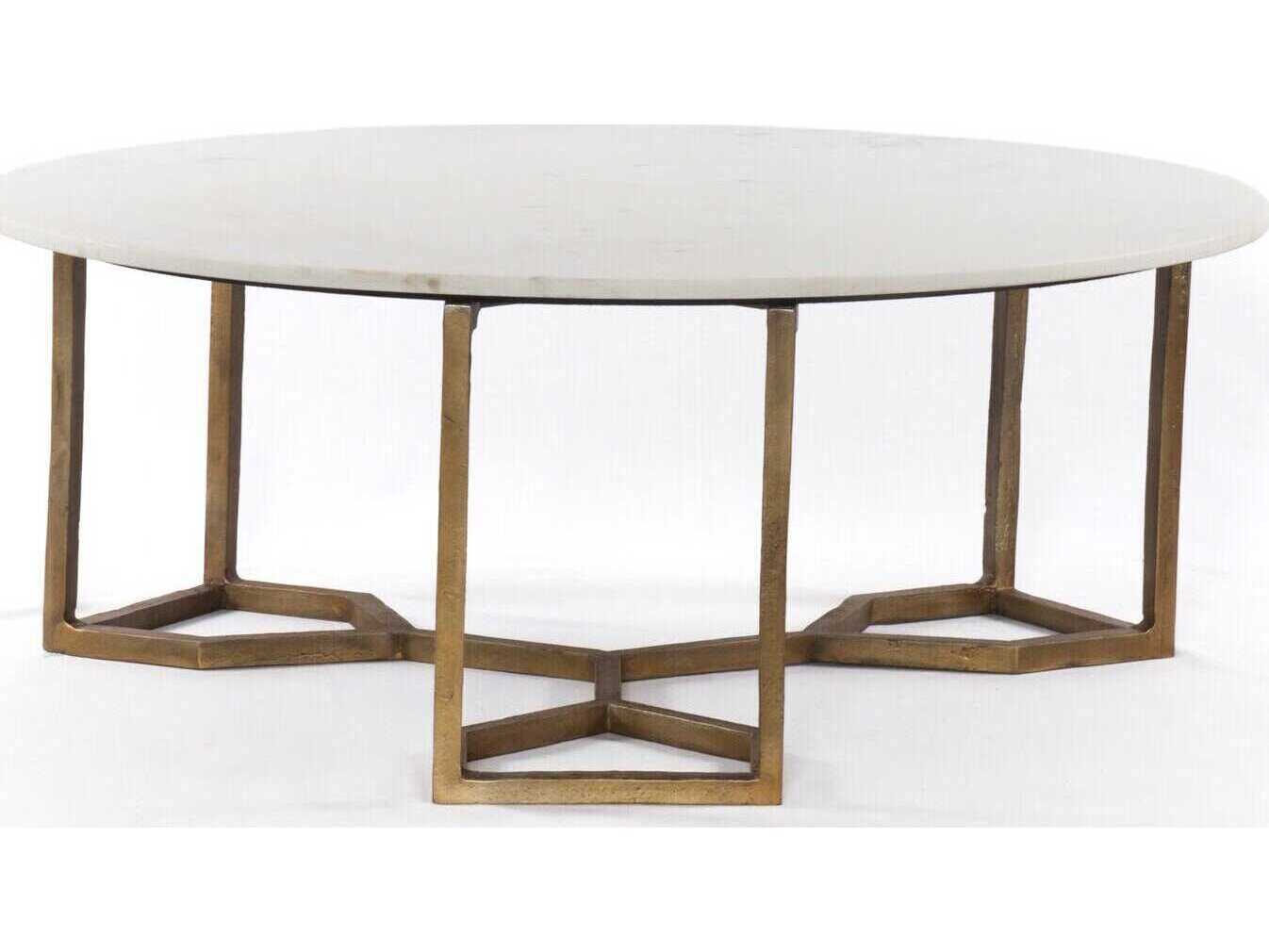 Four Hands Marlow Naomi Round Raw Brass Polished White Marble Coffee Table