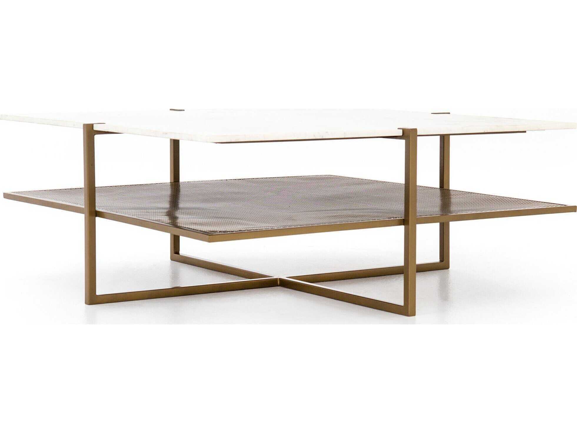 Four Hands Marlow Olivia Square Antique Brass Polished White Marble Coffee Table