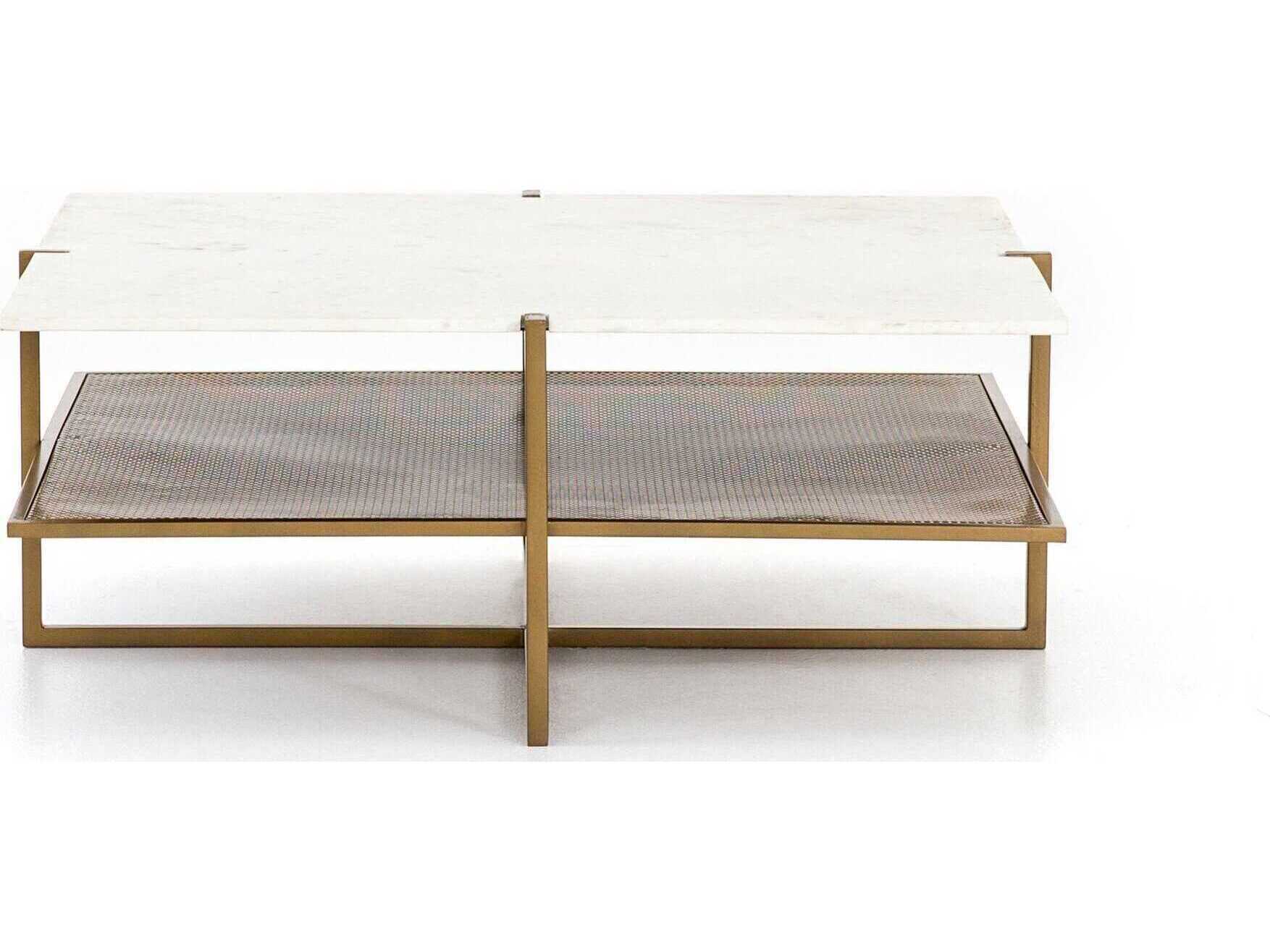 Four Hands Marlow Olivia Square Antique Brass Polished White Marble Coffee Table