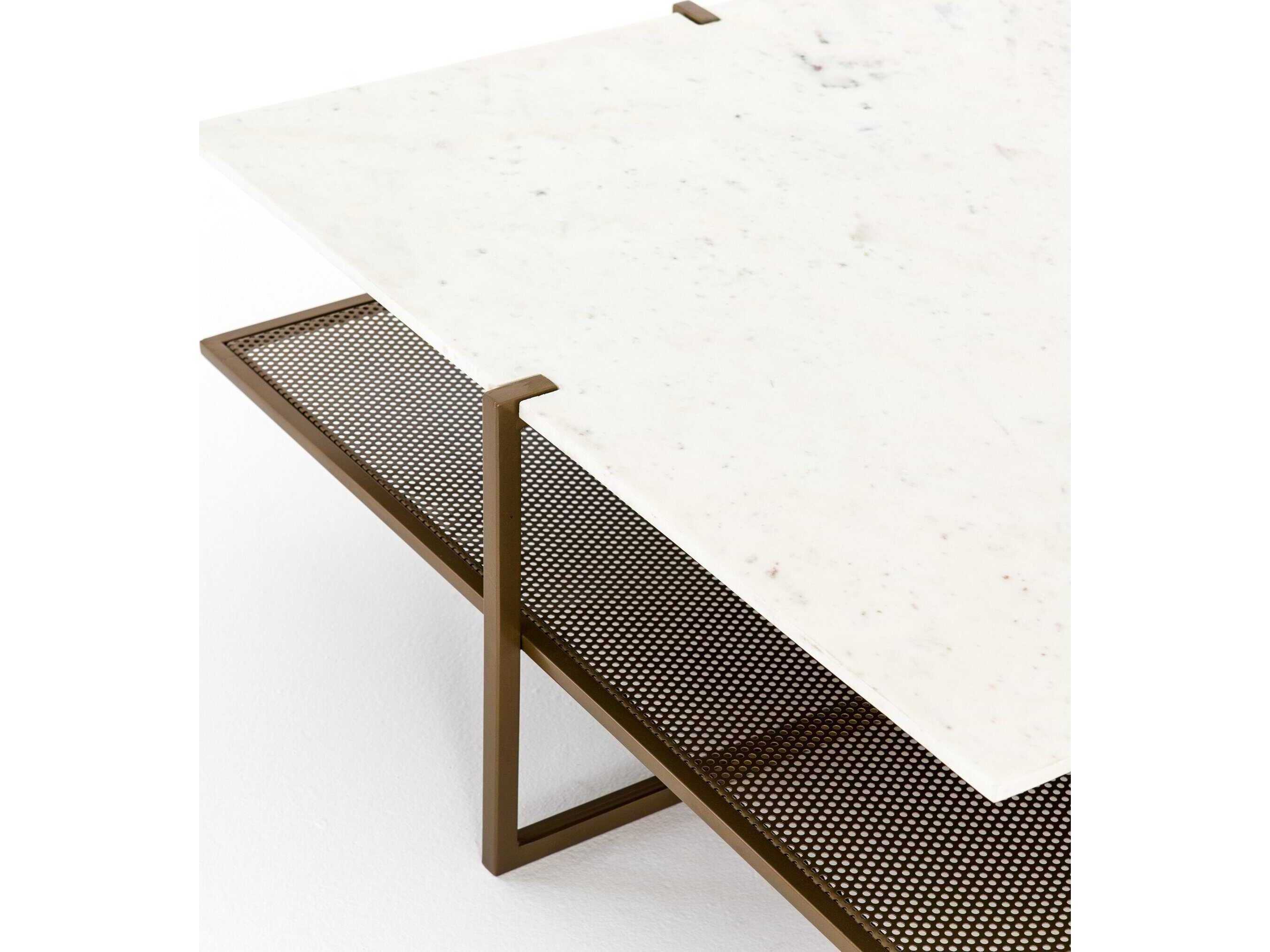 Four Hands Marlow Olivia Square Antique Brass Polished White Marble Coffee Table