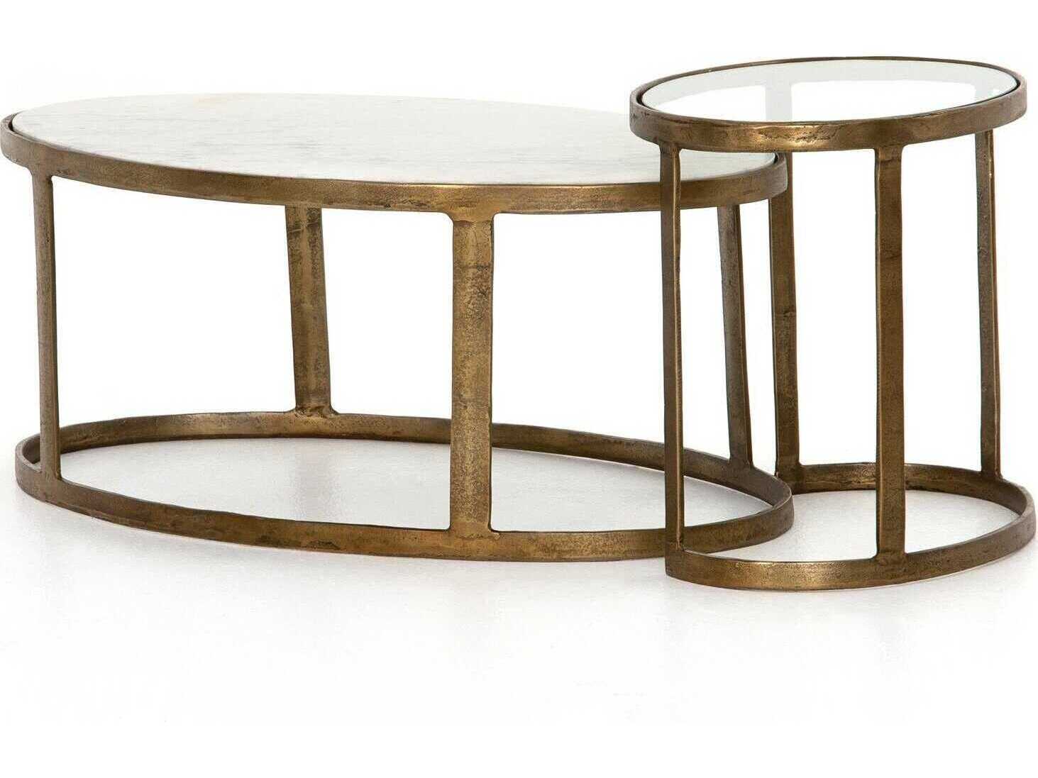 Four Hands Marlow Calder Nesting Oval Raw Brass Tempered Glass Polished White Marble Coffee Table
