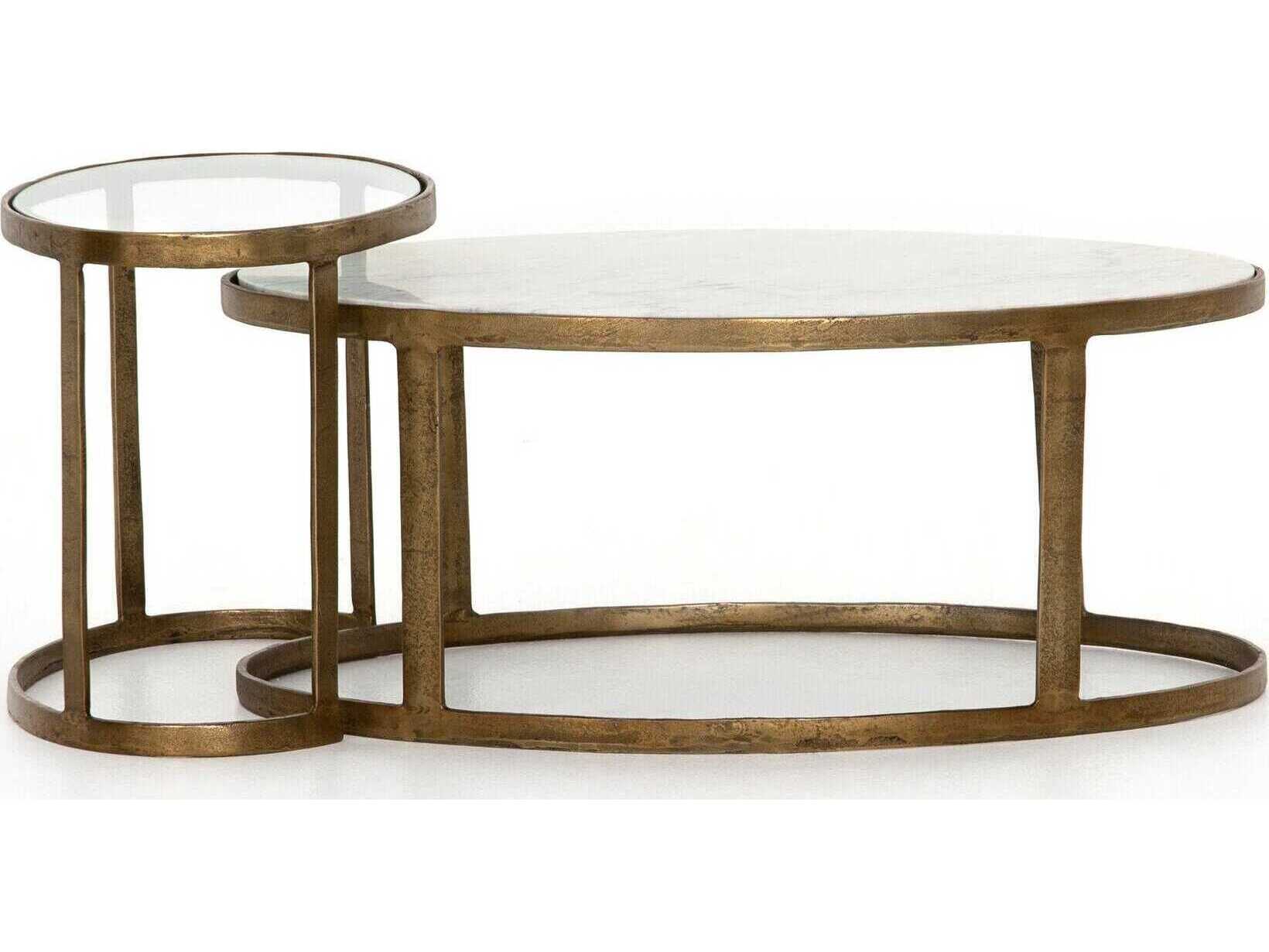 Four Hands Marlow Calder Nesting Oval Raw Brass Tempered Glass Polished White Marble Coffee Table