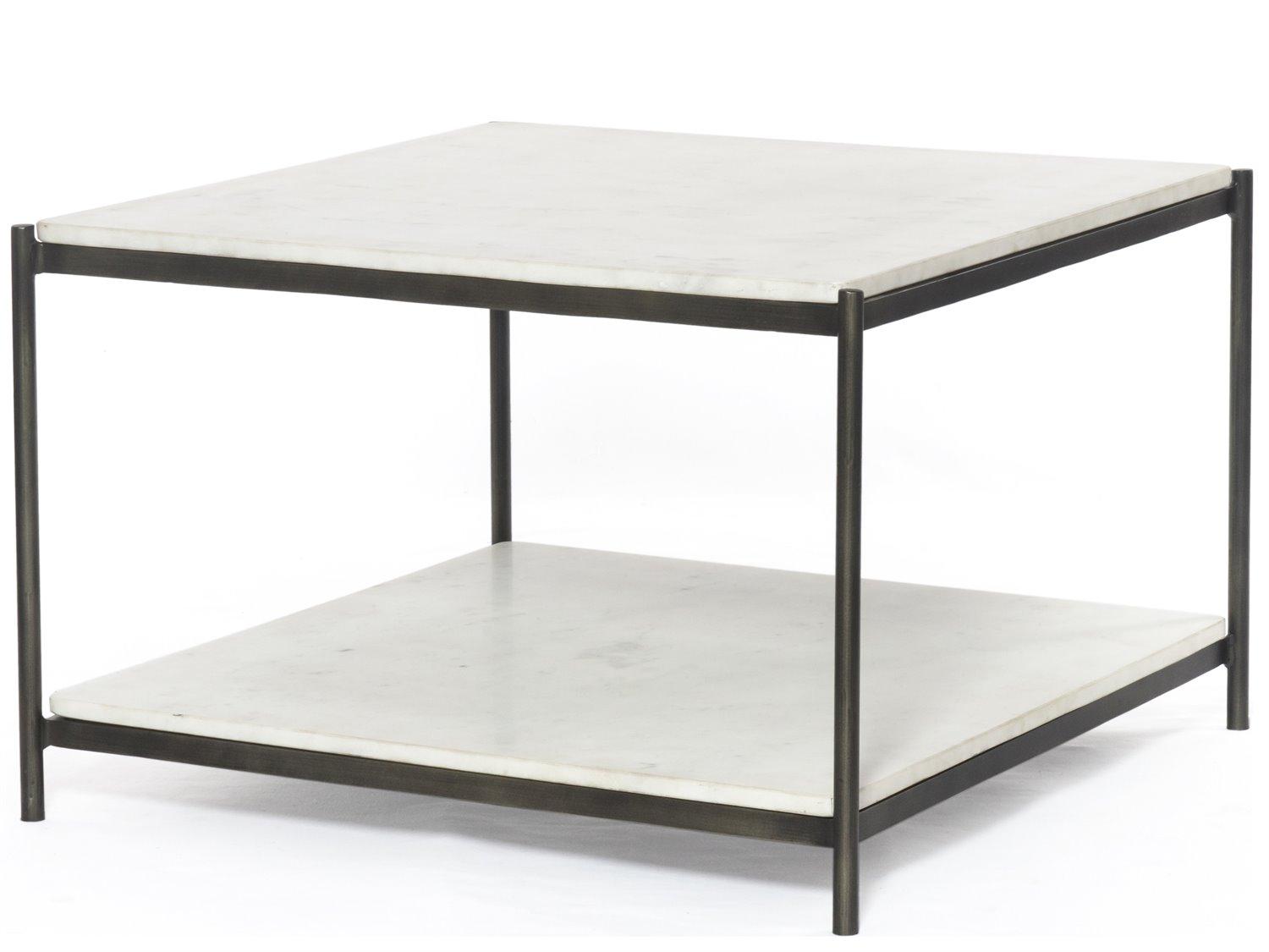 Four Hands Marlow Felix Square Hammered Grey clear Powder Coat Polished White Marble Coffee Table