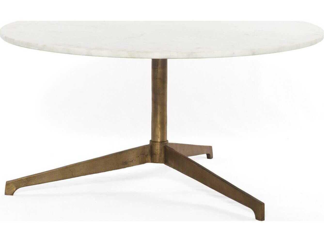 Four Hands Marlow Helen Round Raw Brass Polished White Marble Coffee Table