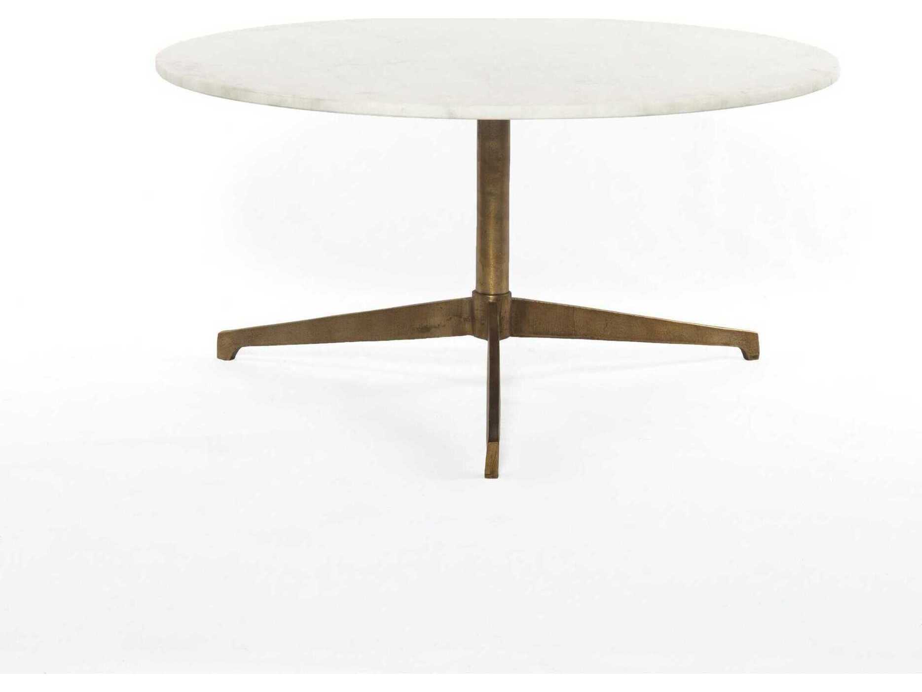 Four Hands Marlow Helen Round Raw Brass Polished White Marble Coffee Table