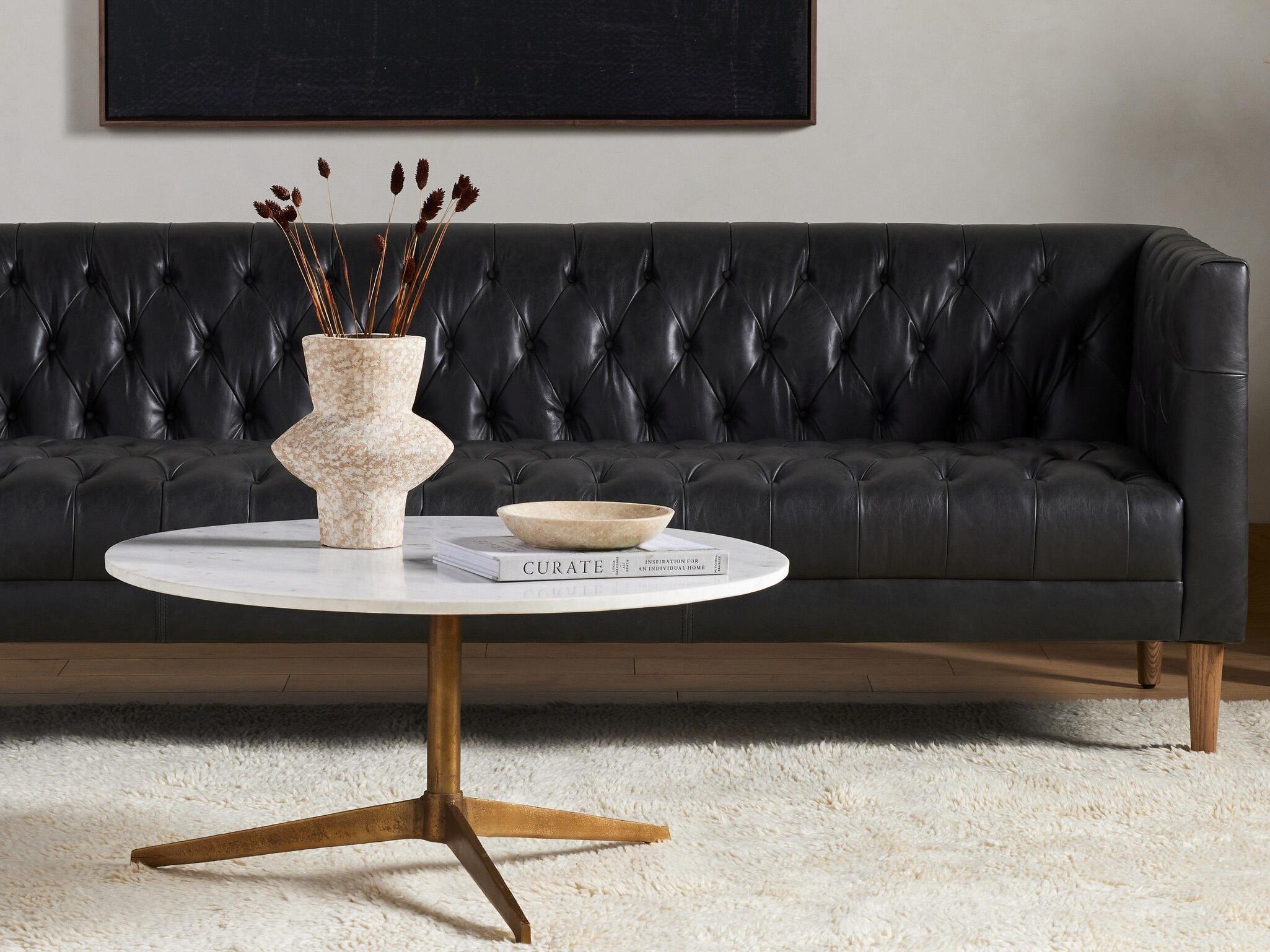 Four Hands Marlow Helen Round Raw Brass Polished White Marble Coffee Table