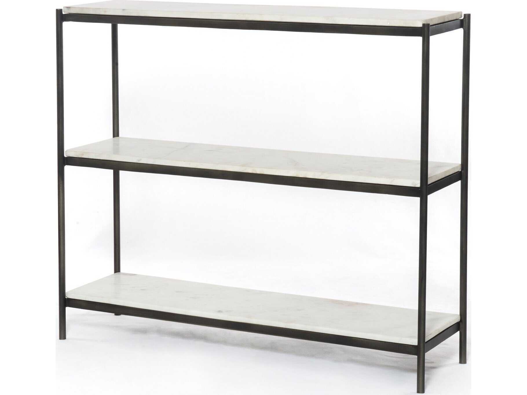Four Hands Marlow Felix Rectangular Hammered Grey clear Powder Coat Polished White Marble Console Table