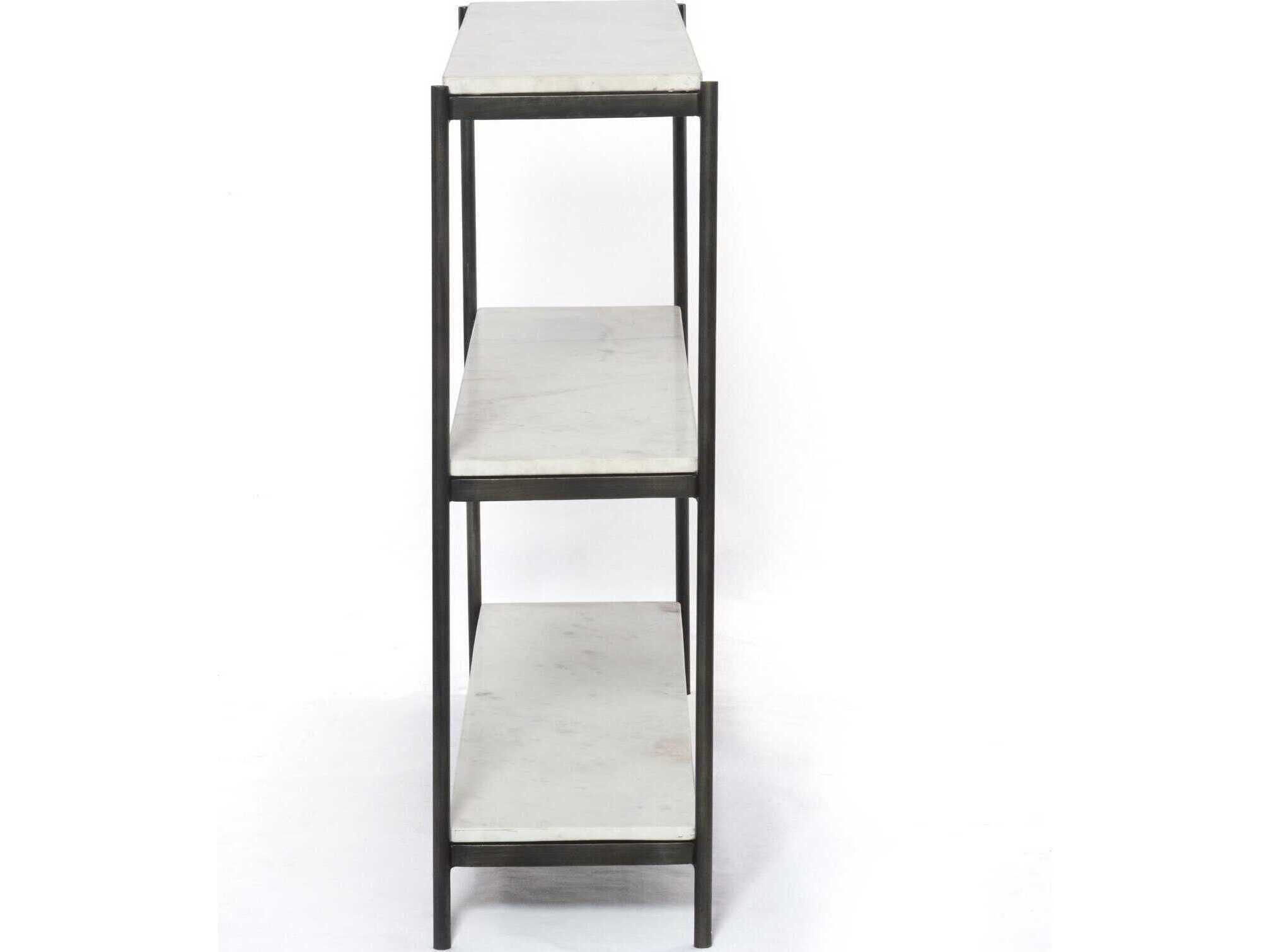 Four Hands Marlow Felix Rectangular Hammered Grey clear Powder Coat Polished White Marble Console Table