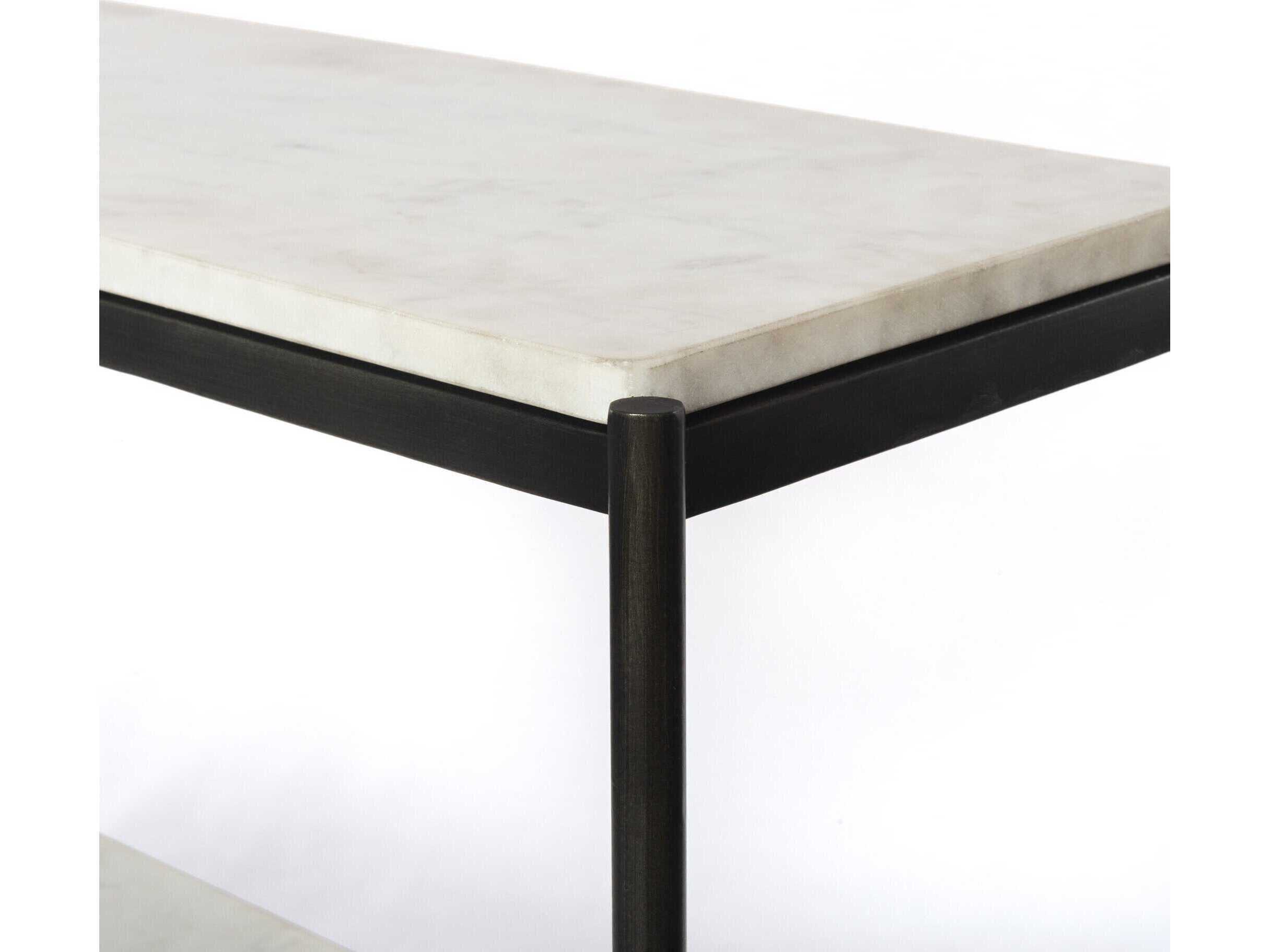 Four Hands Marlow Felix Rectangular Hammered Grey clear Powder Coat Polished White Marble Console Table