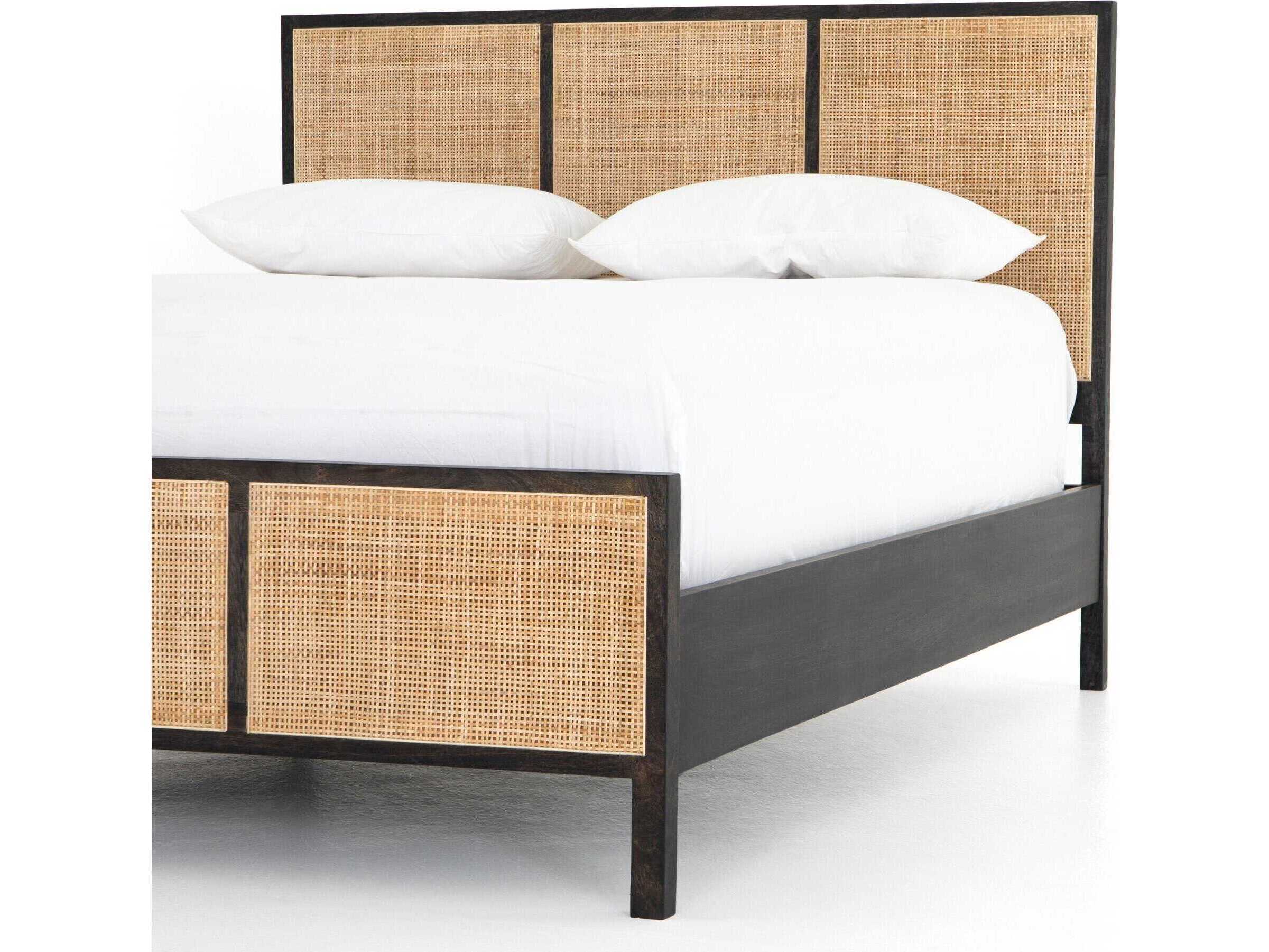 Four Hands Prescott Sydney Black Wash Natural Cane Mango Wood Queen Panel Bed