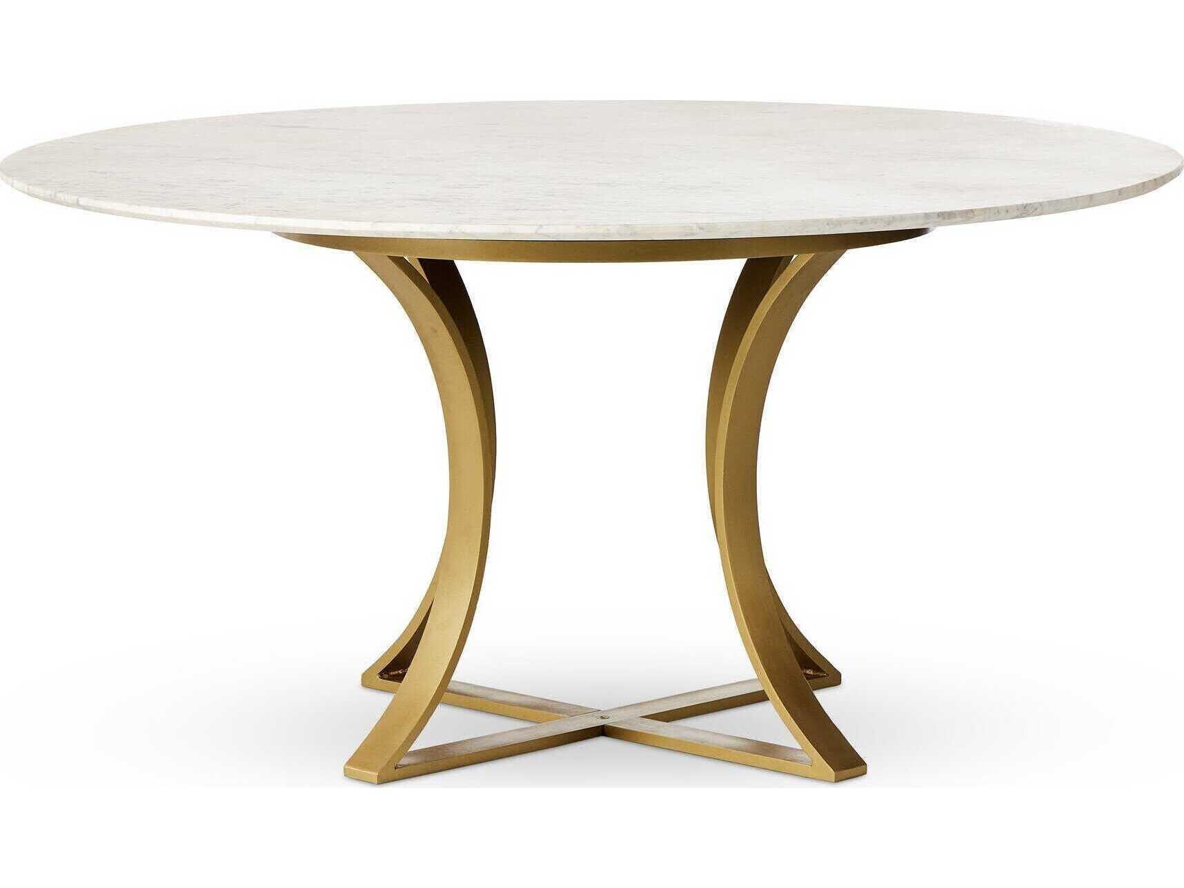 Four Hands Rockwell Gage Round Cast Brass Polished White Marble Dining Table