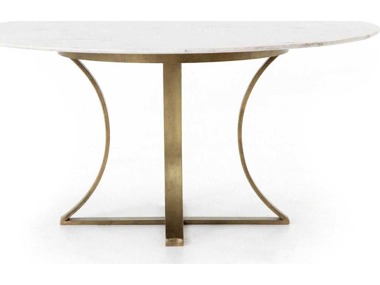 Four Hands Rockwell Gage Round Cast Brass Polished White Marble Dining Table