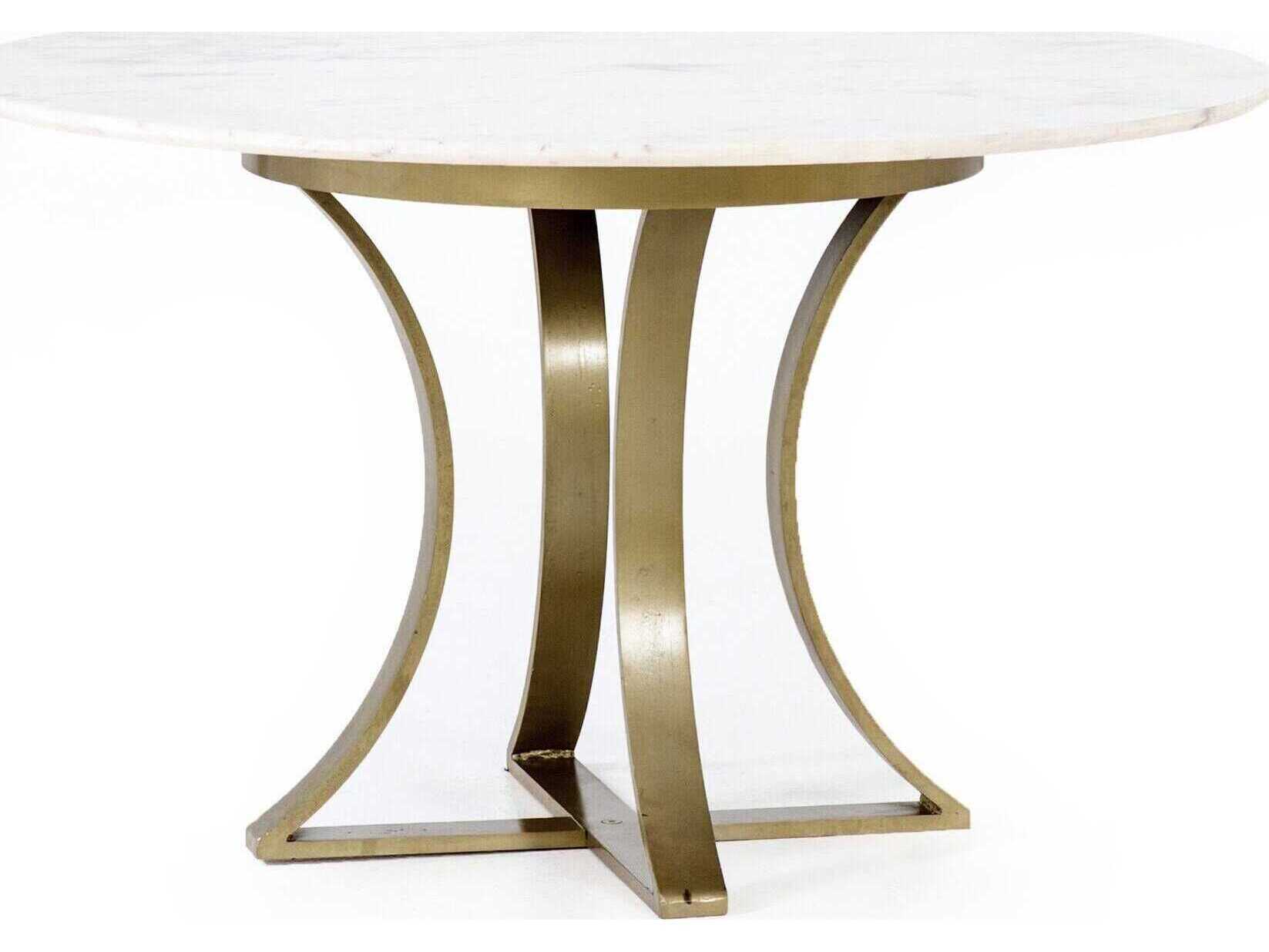 Four Hands Rockwell Gage Round Cast Brass Polished White Marble Dining Table