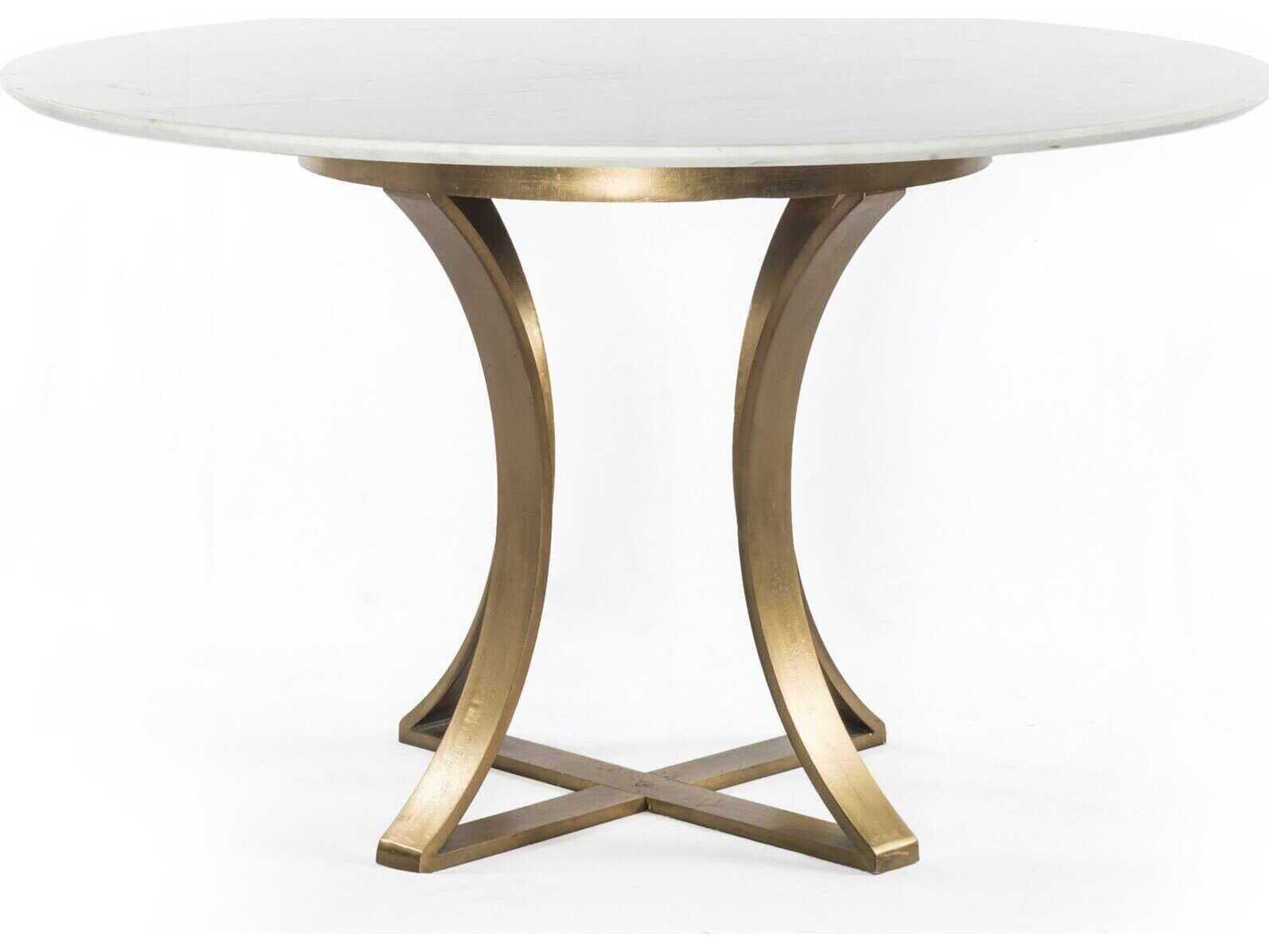 Four Hands Rockwell Gage Round Cast Brass Polished White Marble Dining Table