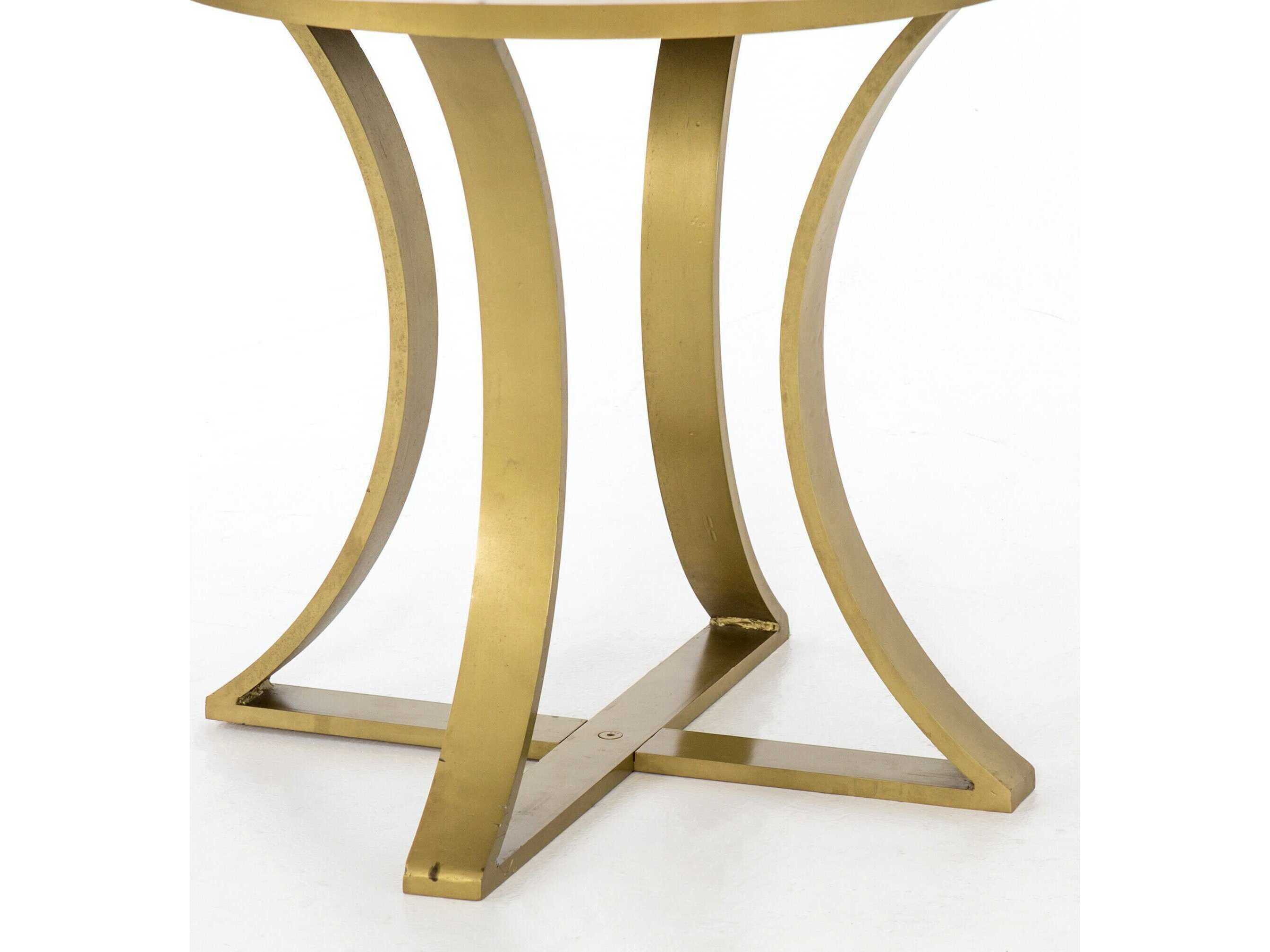 Four Hands Rockwell Gage Round Cast Brass Polished White Marble Dining Table