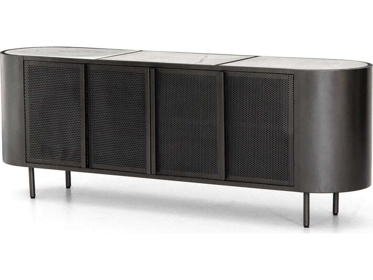 Four Hands Rockwell Libby Oval Gunmetal Perforated Polished White Marble Console Table
