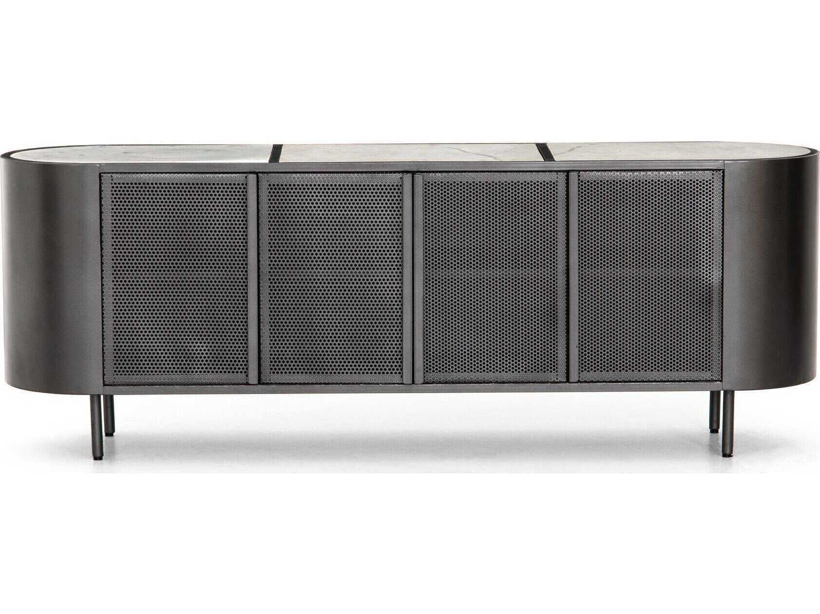 Four Hands Rockwell Libby Oval Gunmetal Perforated Polished White Marble Console Table