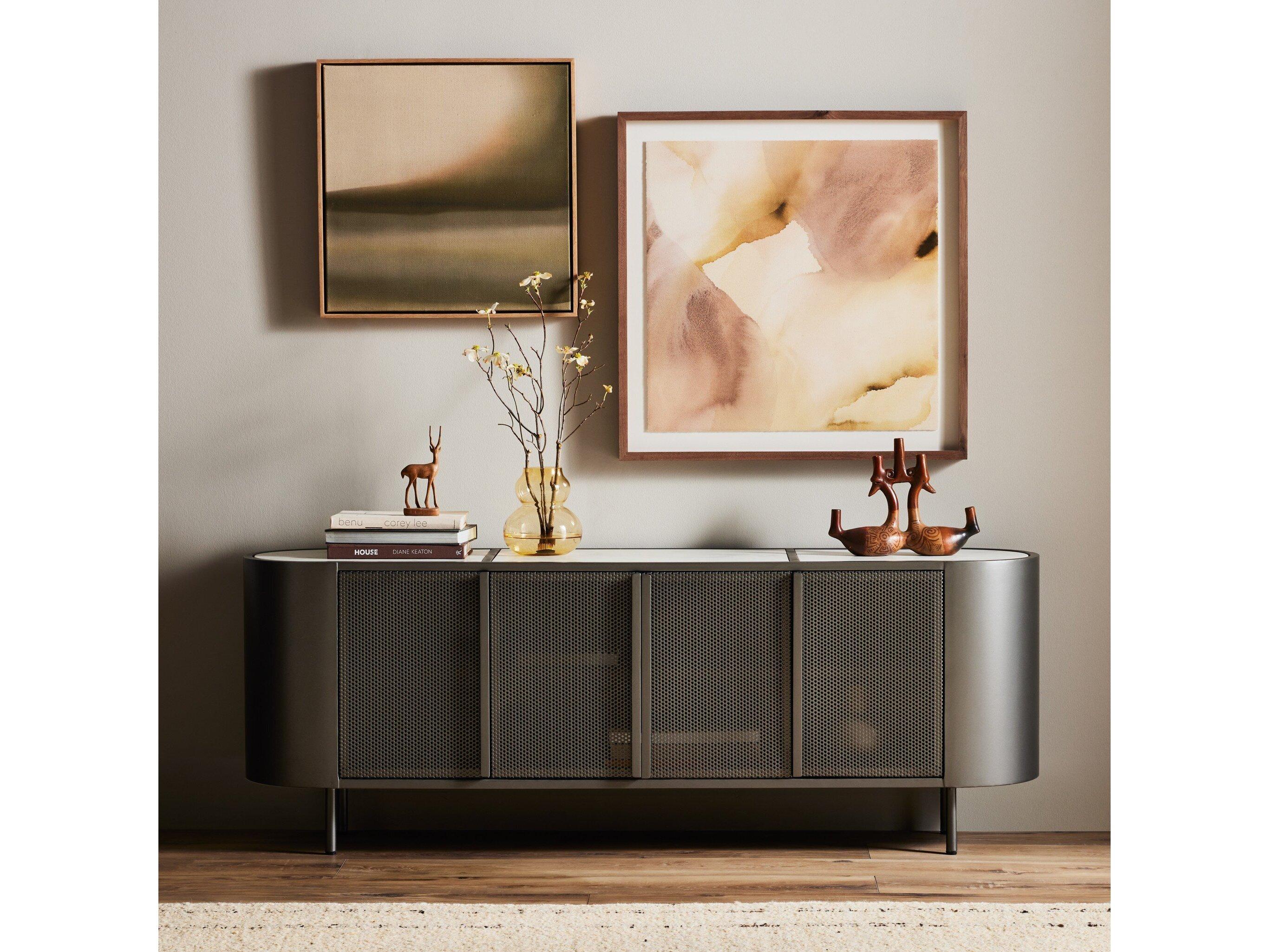 Four Hands Rockwell Libby Oval Gunmetal Perforated Polished White Marble Console Table