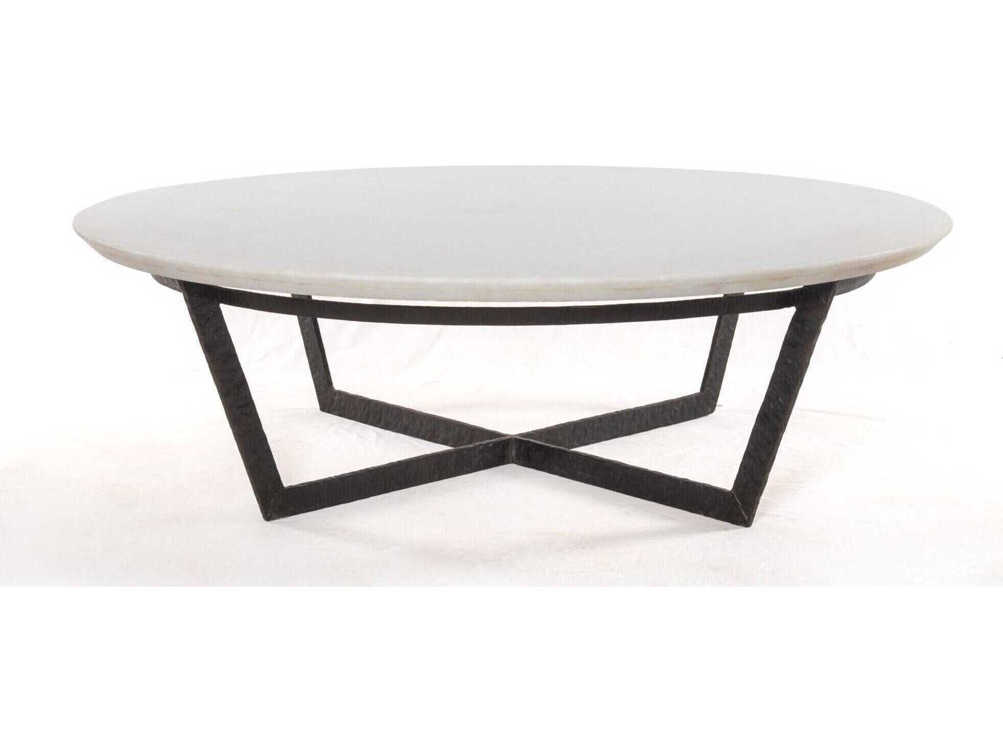 Four Hands Theory Felix Round Rustic Fossil Sandblasted White Marble Coffee Table