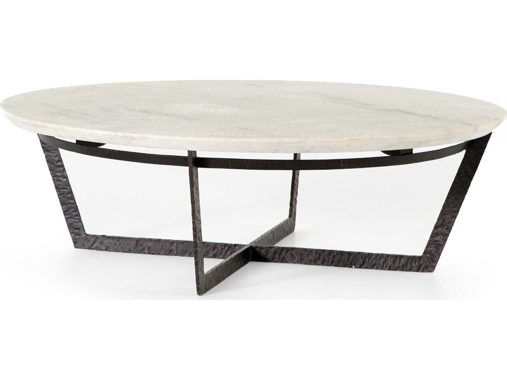 Four Hands Theory Felix Round Rustic Fossil Sandblasted White Marble Coffee Table