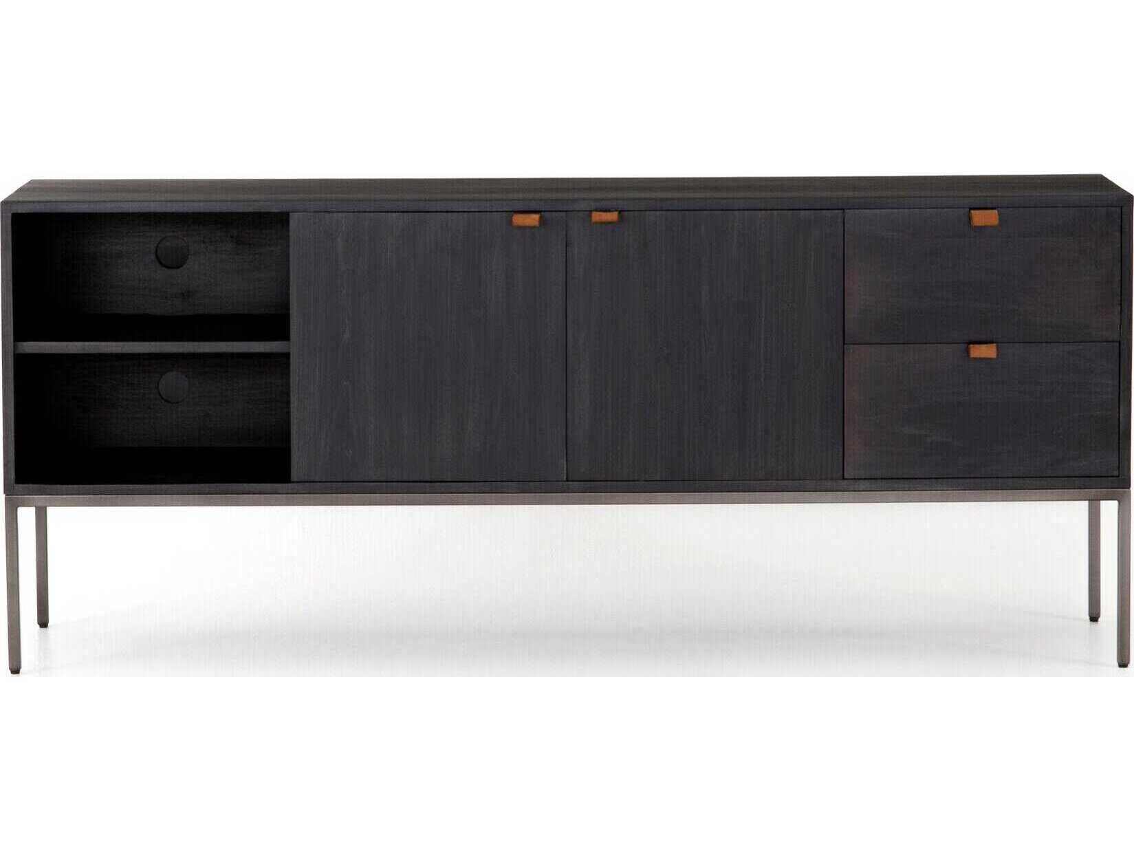 Four Hands Fulton Trey 69" Poplar Wood Black Wash Natural Iron Toffee Leather Media Console