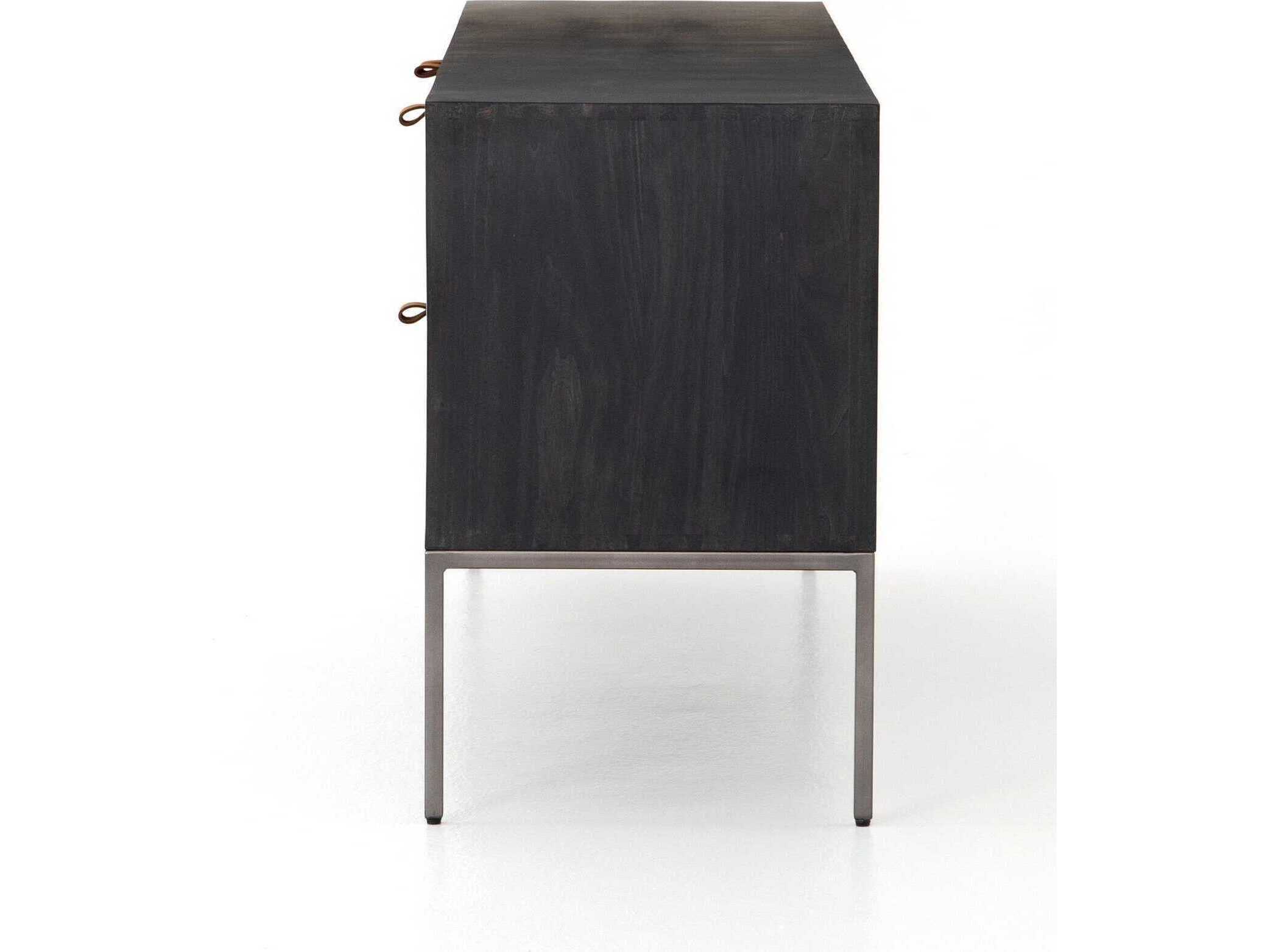 Four Hands Fulton Trey 69" Poplar Wood Black Wash Natural Iron Toffee Leather Media Console