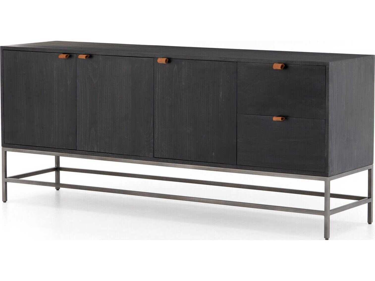 Four Hands Fulton Trey 72" Solid Wood Natural Iron Black Wash Poplar Toffee Leather Sideboard