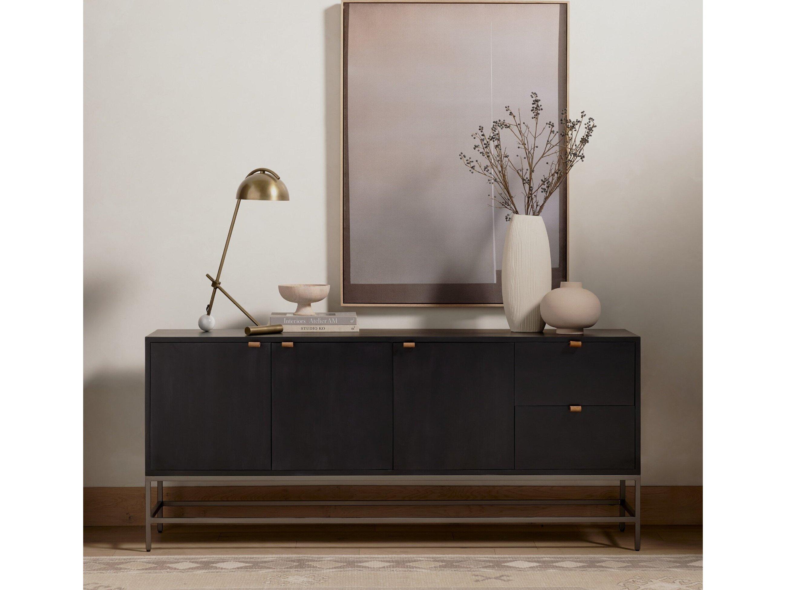 Four Hands Fulton Trey 72" Solid Wood Natural Iron Black Wash Poplar Toffee Leather Sideboard