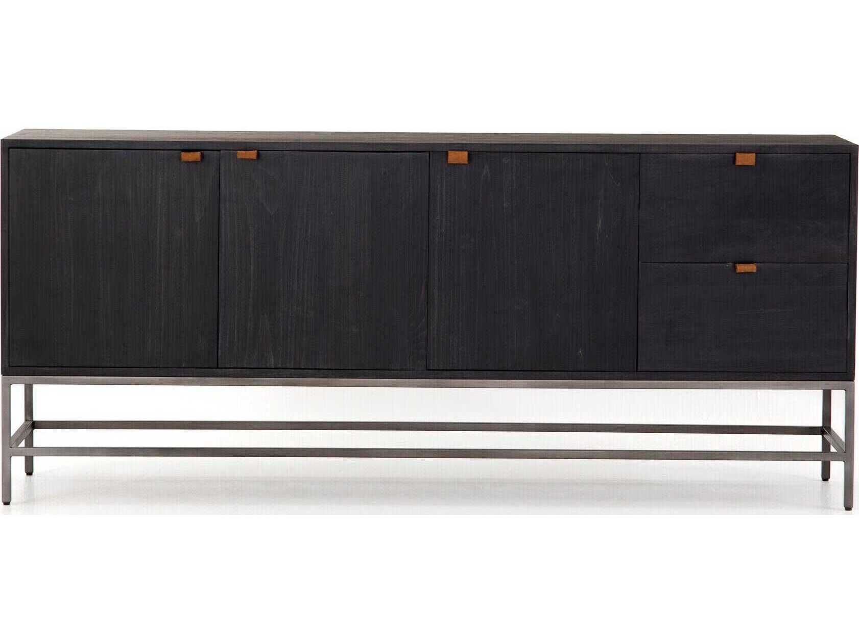 Four Hands Fulton Trey 72" Solid Wood Natural Iron Black Wash Poplar Toffee Leather Sideboard