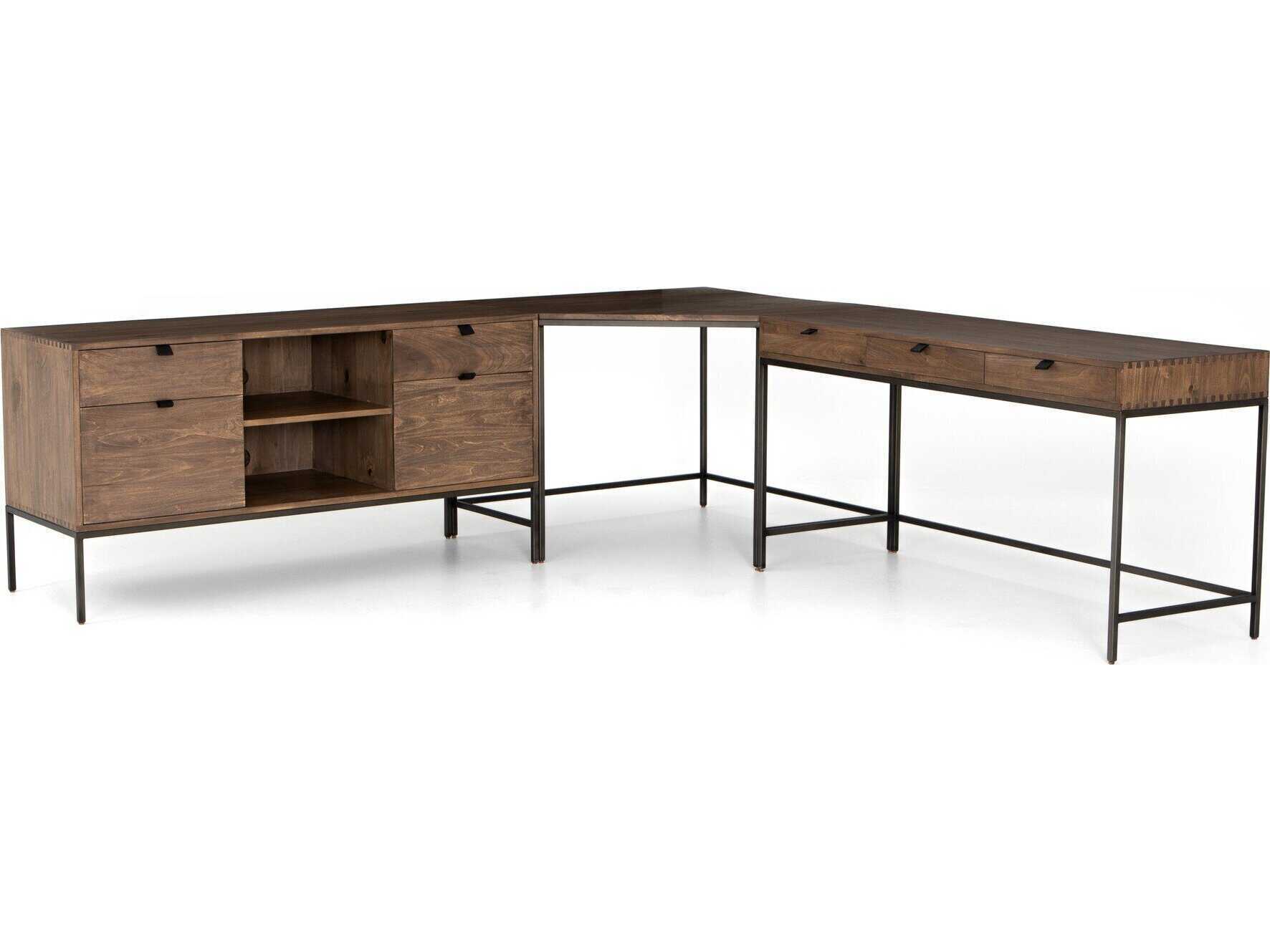 Four Hands Fulton Trey Natural Iron Auburn Poplar Brown Wood L-Shaped Desk