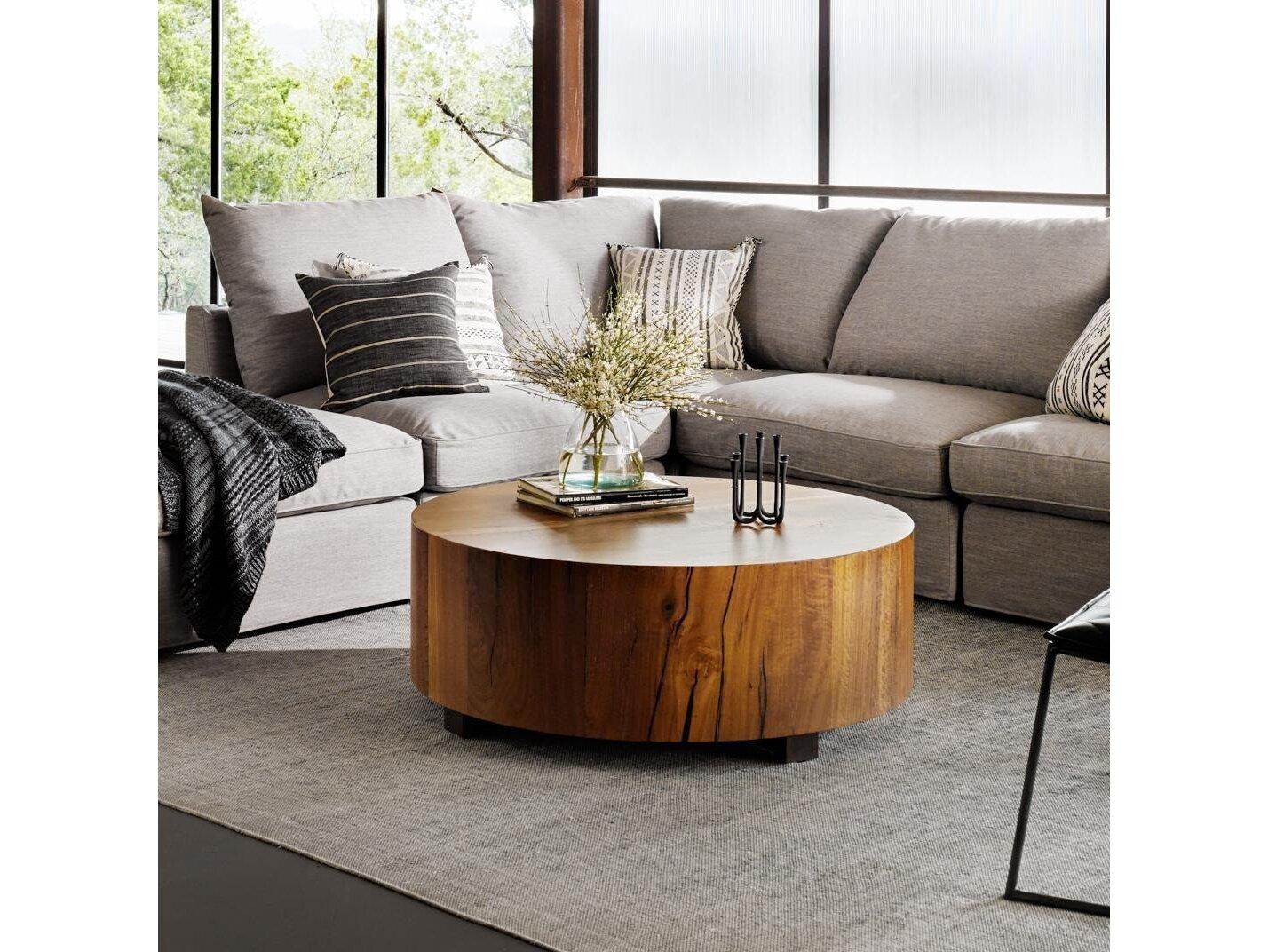 Four Hands Wesson Hudson Round Wood Natural Yukas Resin Bronzed Iron Coffee Table