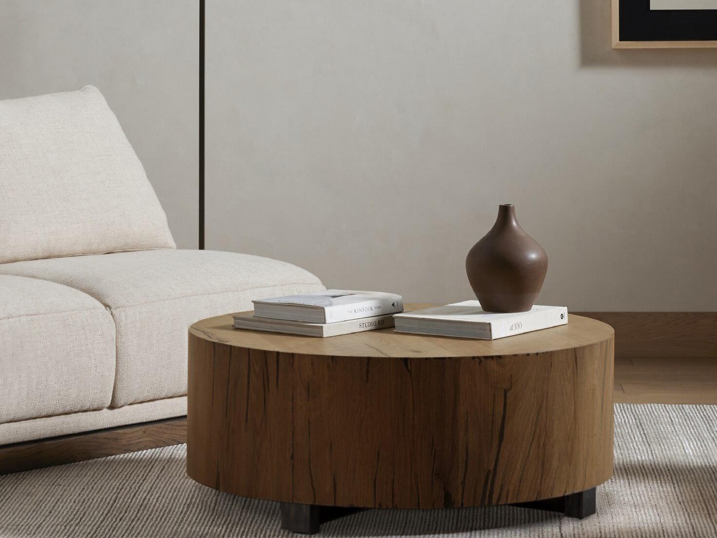 Four Hands Wesson Hudson Round Wood Natural Yukas Resin Bronzed Iron Coffee Table