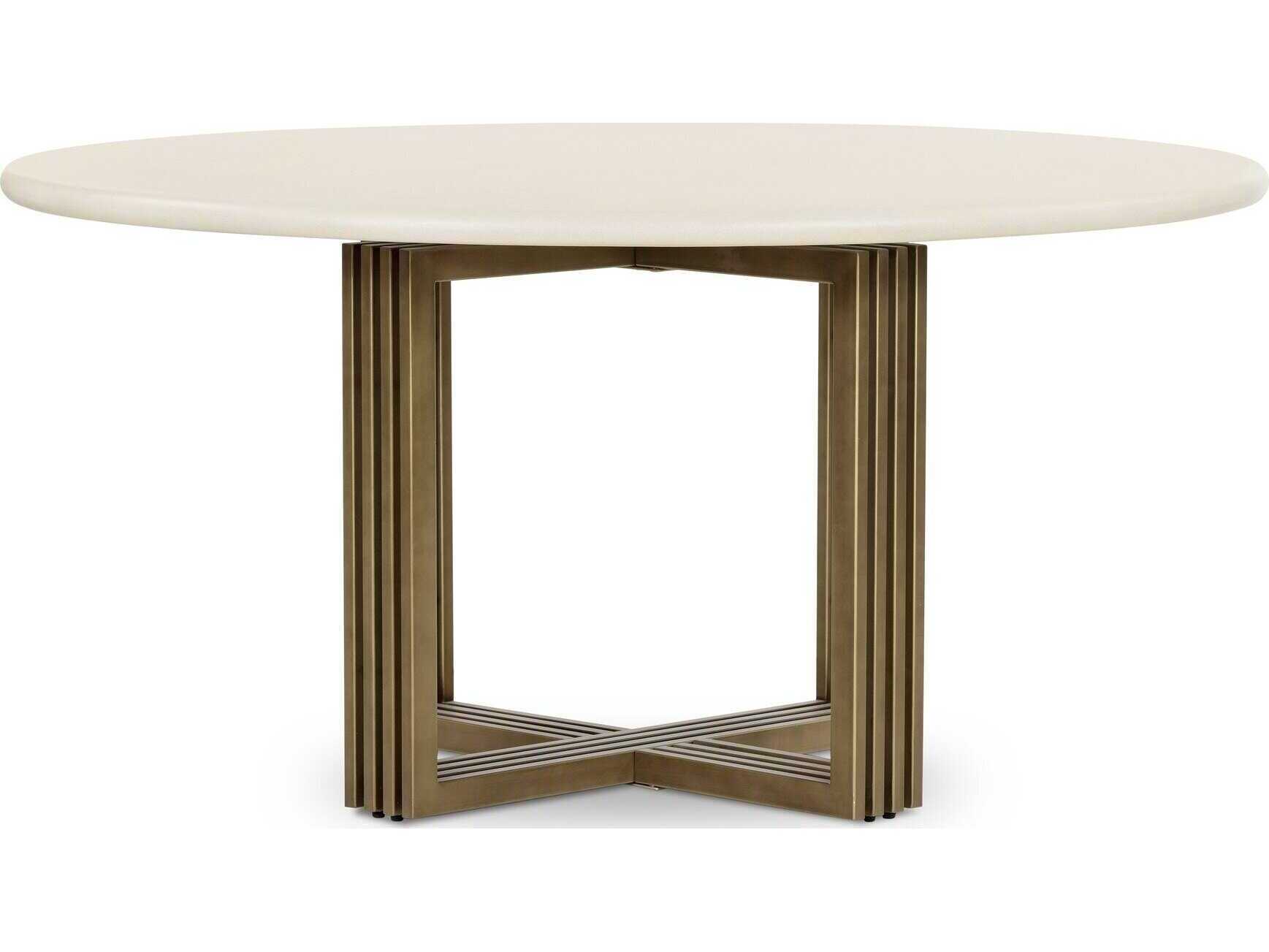 Four Hands Everett Mia Round Concrete Antique Brass Parchment White Dining Table