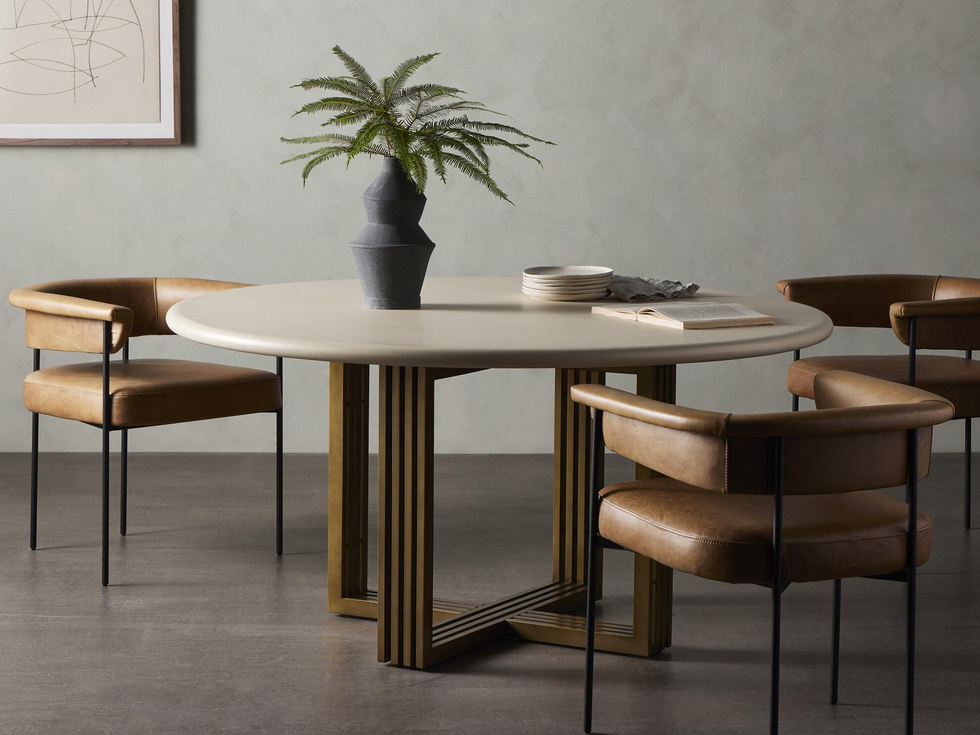Four Hands Everett Mia Round Concrete Antique Brass Parchment White Dining Table