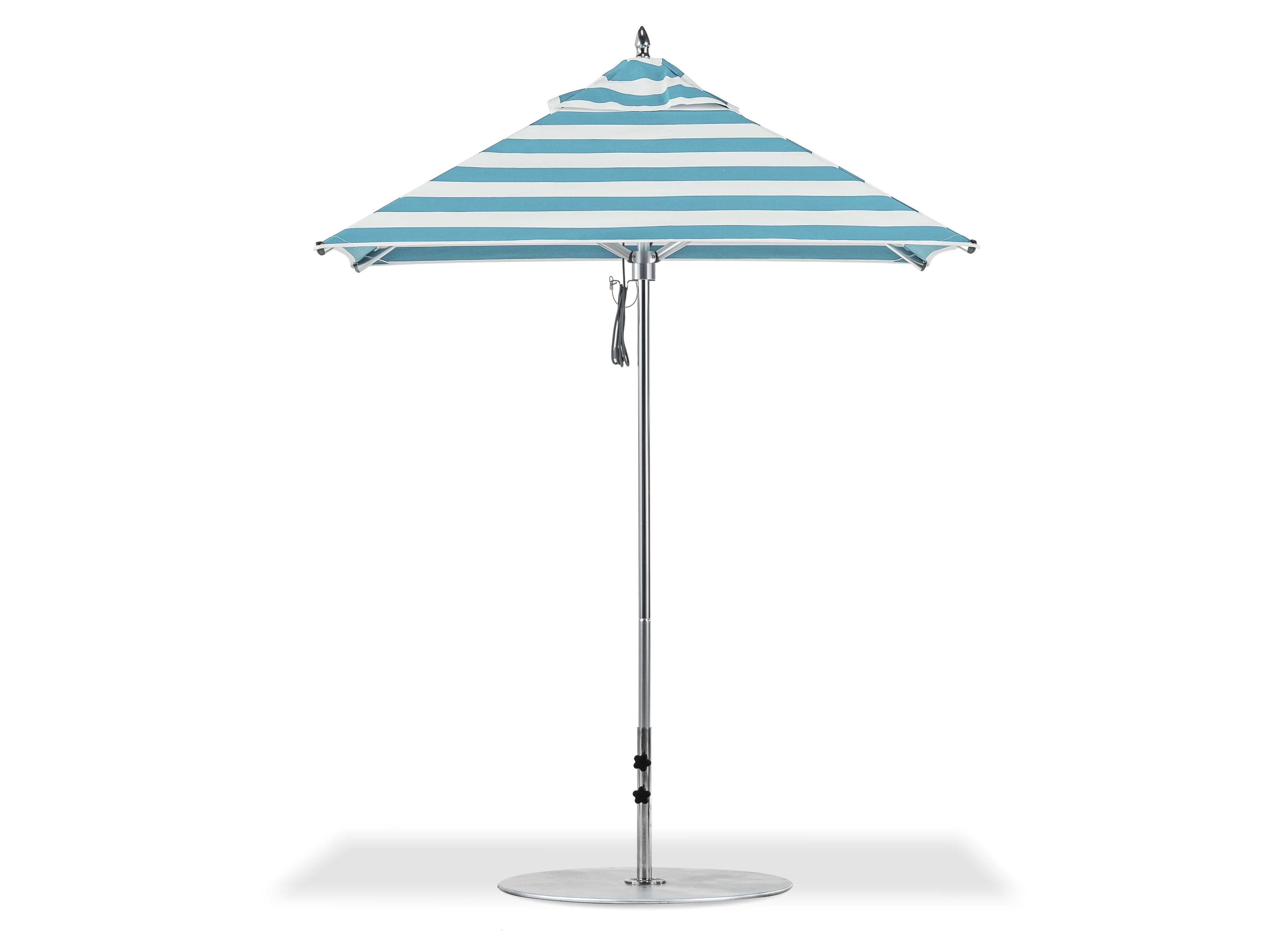 Frankford Greenwich Market Aluminum Silver Anodized 6.5 Foot Square Pulley Lift Outdoor Patio Umbrella - Special Order Striped Fabric