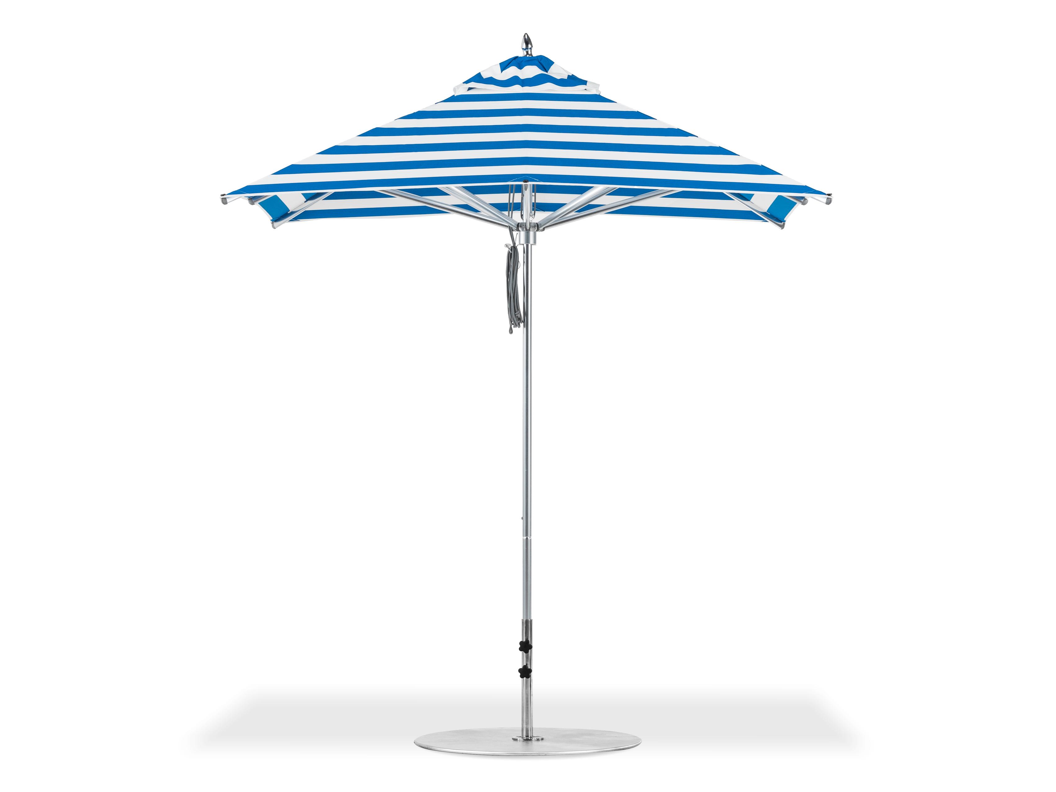 Frankford Greenwich Market Silver Anodized Aluminum 7.5 Foot Square Pulley Lift Outdoor Patio Umbrella - Special Order Striped Fabric