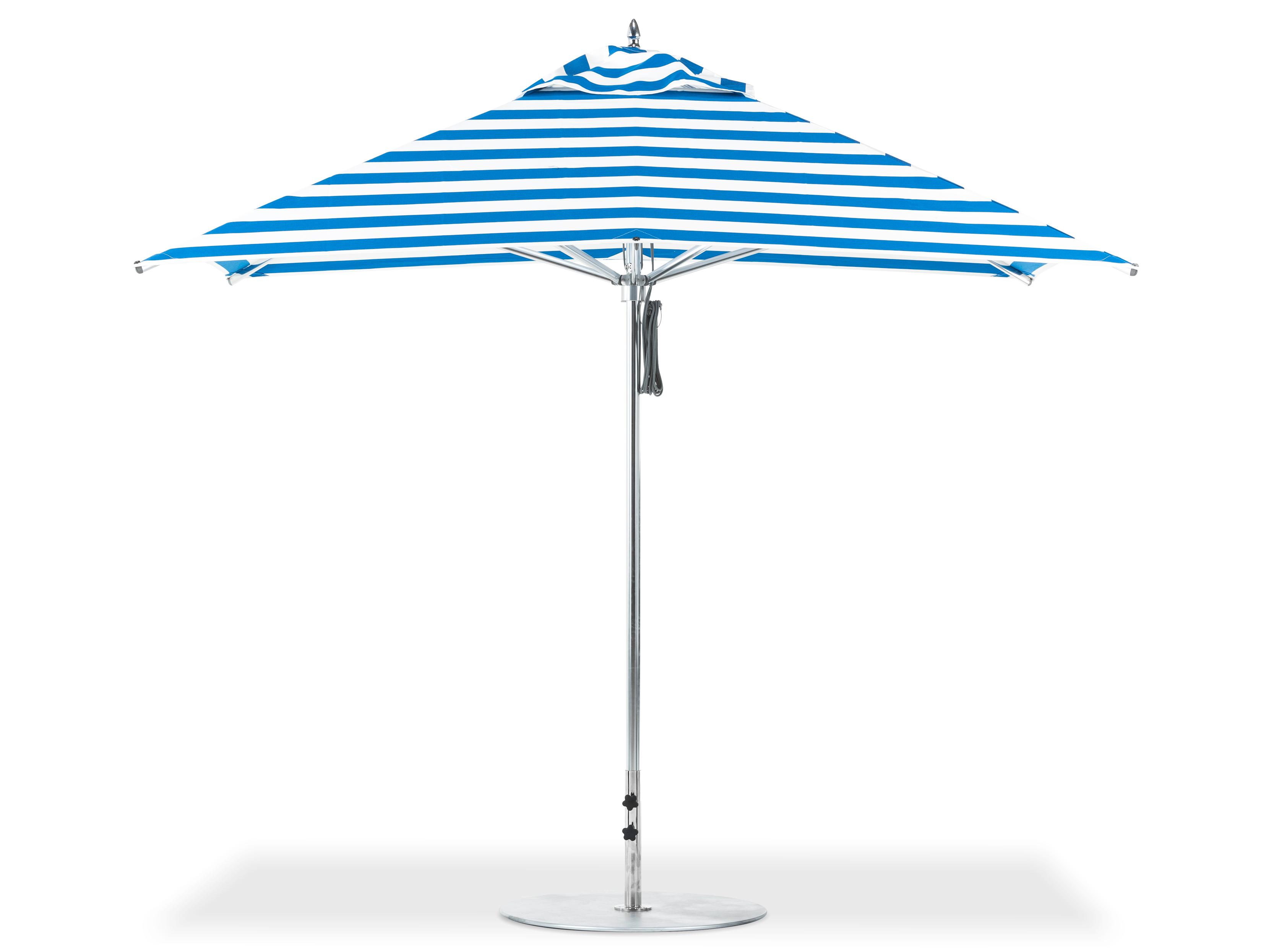 Frankford G-Series Aluminum Market Silver Anodized 10 Foot Square Double Pulley Lift Outdoor Patio Umbrella - Special Order Striped Fabric