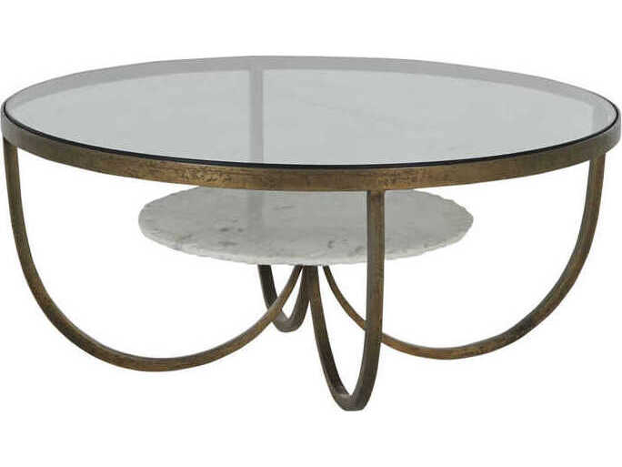 Gabby Wilbur Round Glass Antique Brass Chipped Marble Coffee Table