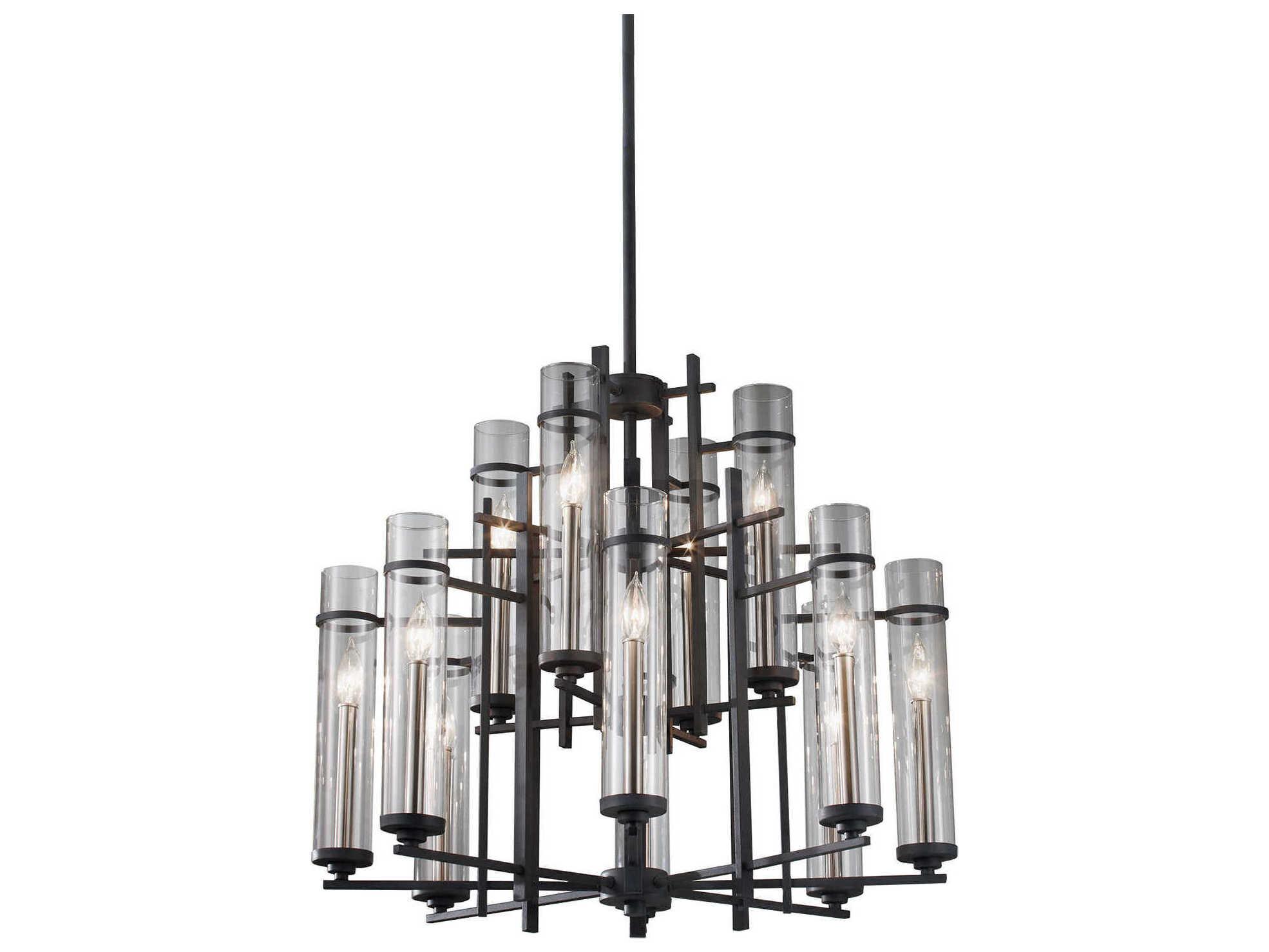 Generation Lighting Ethan 12-Light Antique Forged Iron Brushed Steel Black Glass Candelabra Cylinder Tiered Chandelier