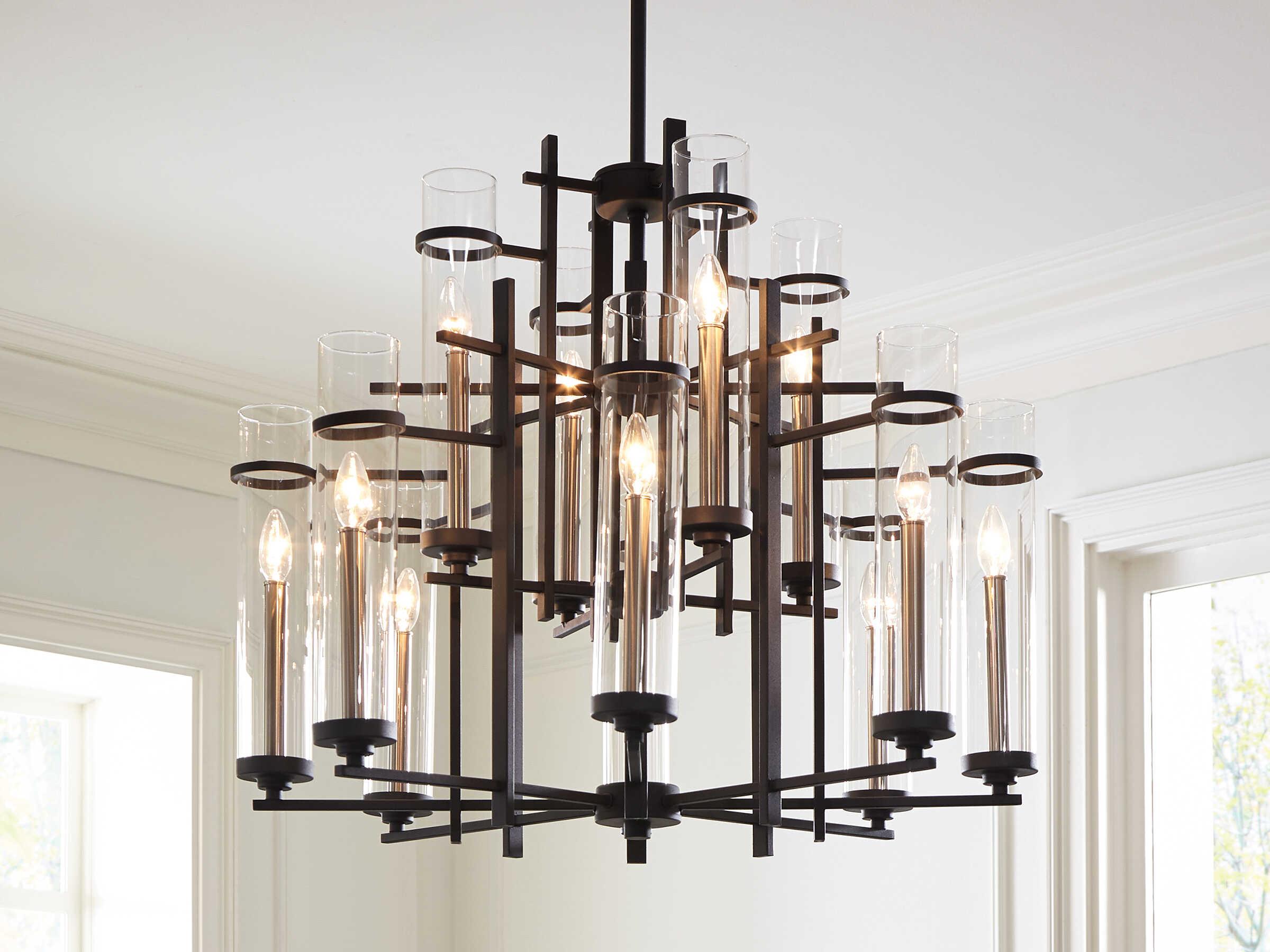 Generation Lighting Ethan 12-Light Antique Forged Iron Brushed Steel Black Glass Candelabra Cylinder Tiered Chandelier