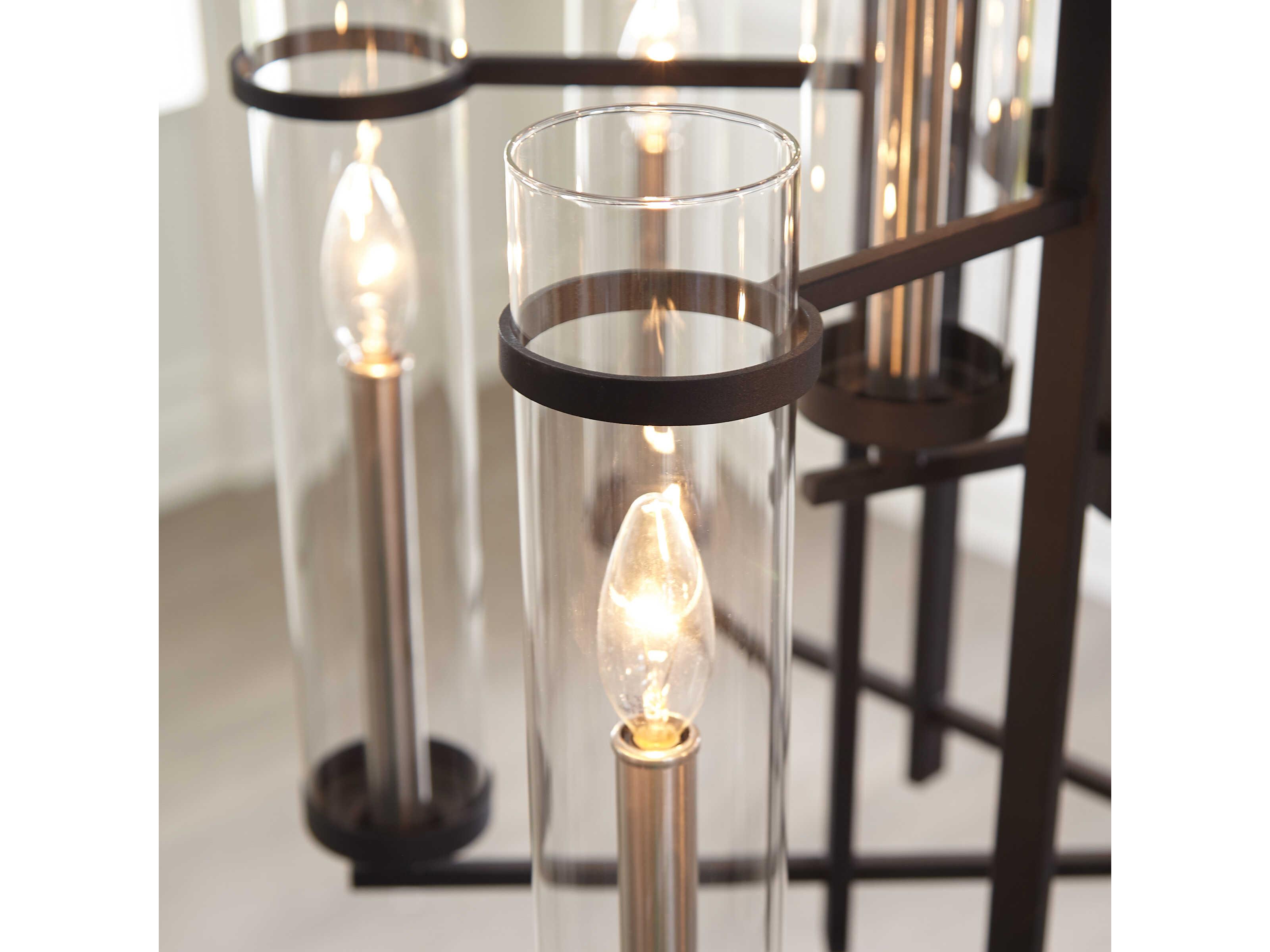 Generation Lighting Ethan 12-Light Antique Forged Iron Brushed Steel Black Glass Candelabra Cylinder Tiered Chandelier