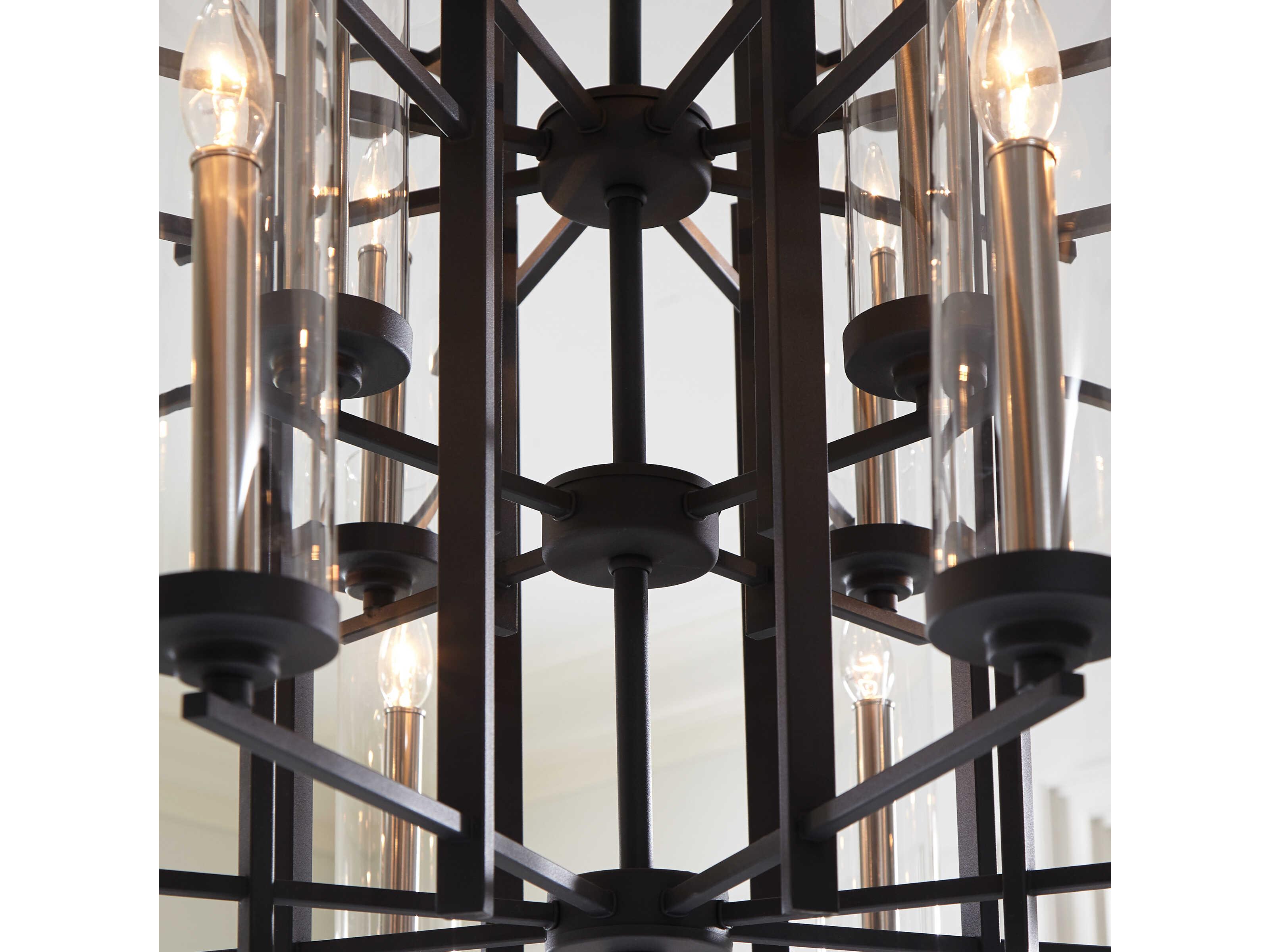 Generation Lighting Ethan 12-Light Antique Forged Iron Brushed Steel Black Glass Candelabra Cylinder Tiered Chandelier