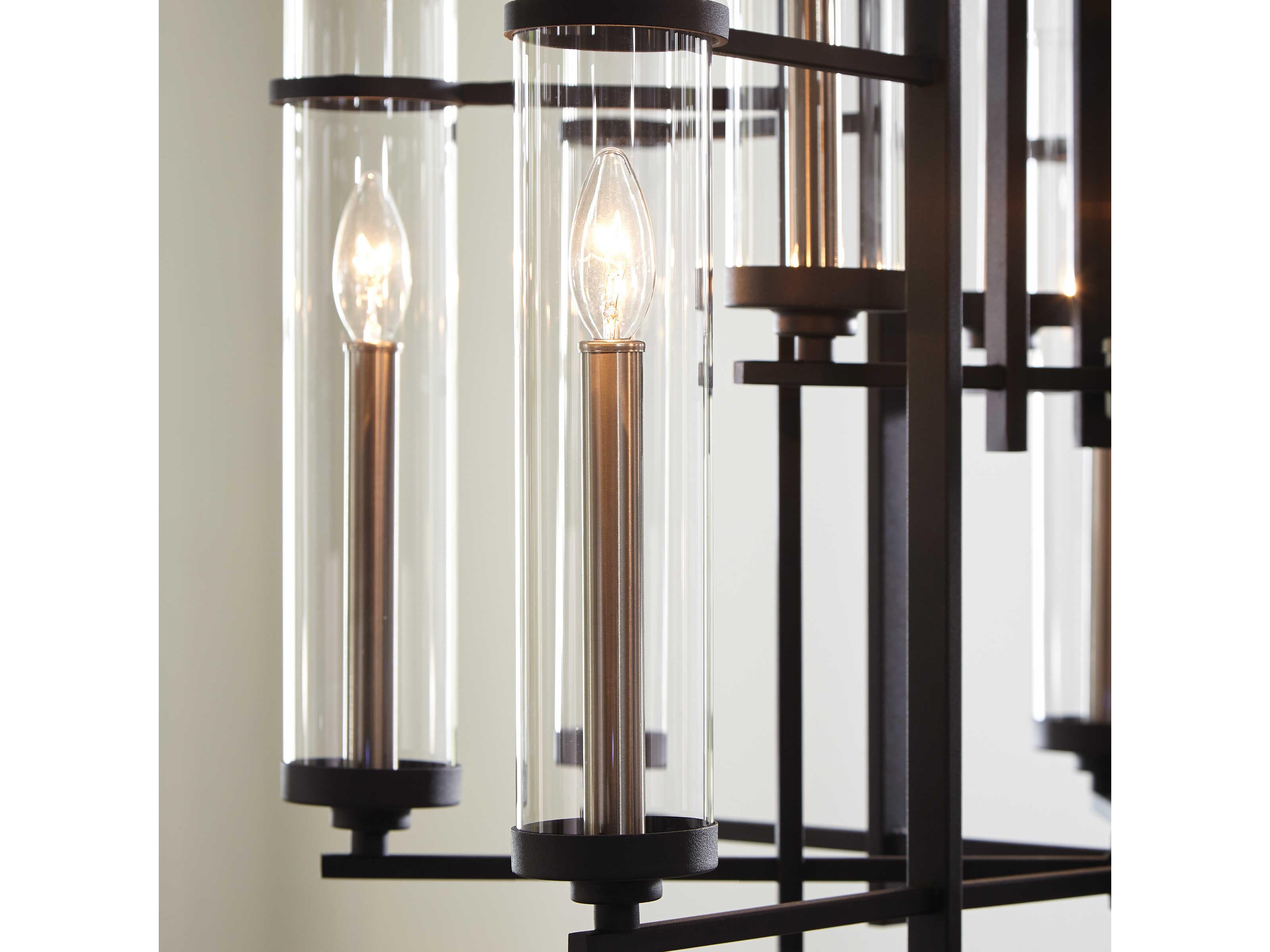Generation Lighting Ethan 12-Light Antique Forged Iron Brushed Steel Black Glass Candelabra Cylinder Tiered Chandelier