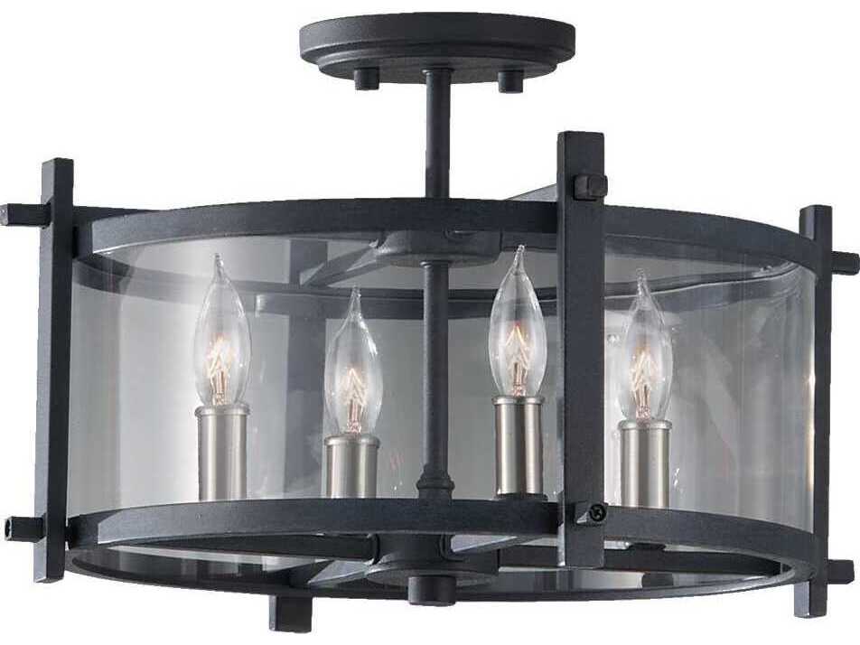 Generation Lighting Ethan 4-Light Antique Forged Iron Brushed Steel Black Glass Semi Flush Mount