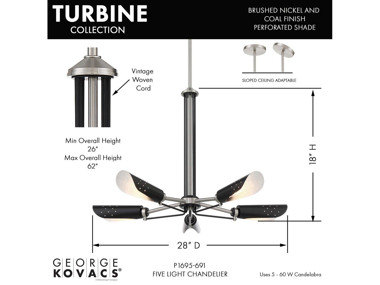 George Kovacs Turbine 5-Light Coal Brushed Nickel Chandelier