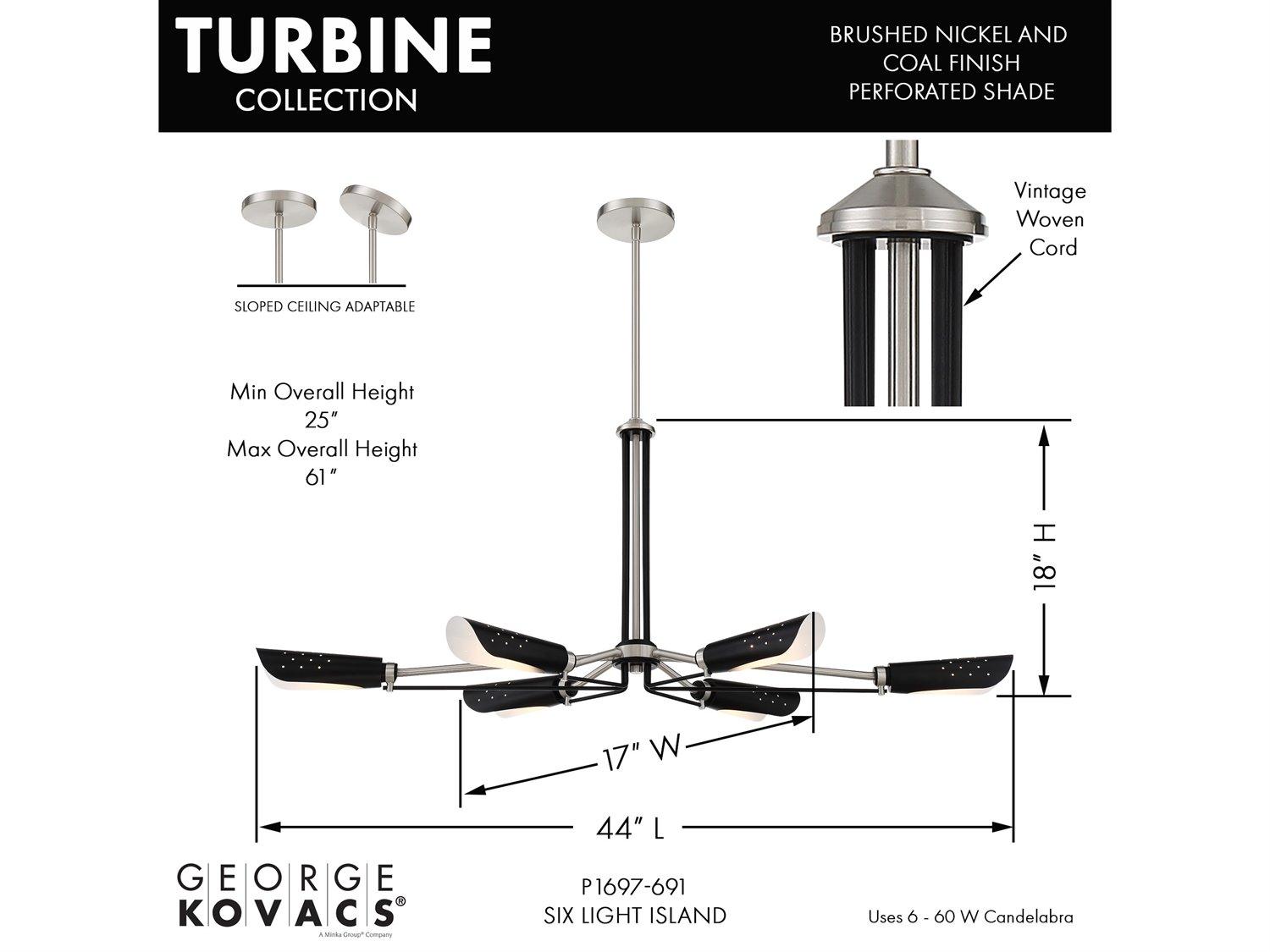 George Kovacs Turbine 6-Light Coal Brushed Nickel Linear Island Pendant