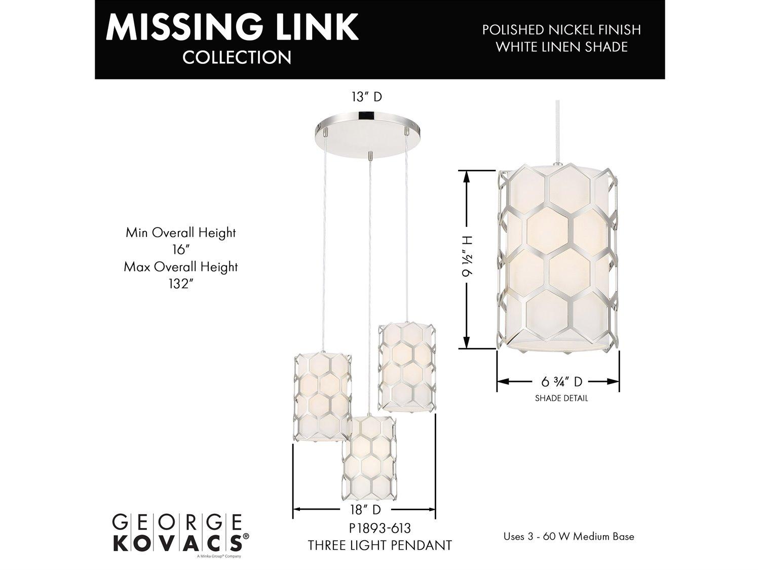 George Kovacs Missing Link 3-Light Polished Nickel White Cylinder Pendant