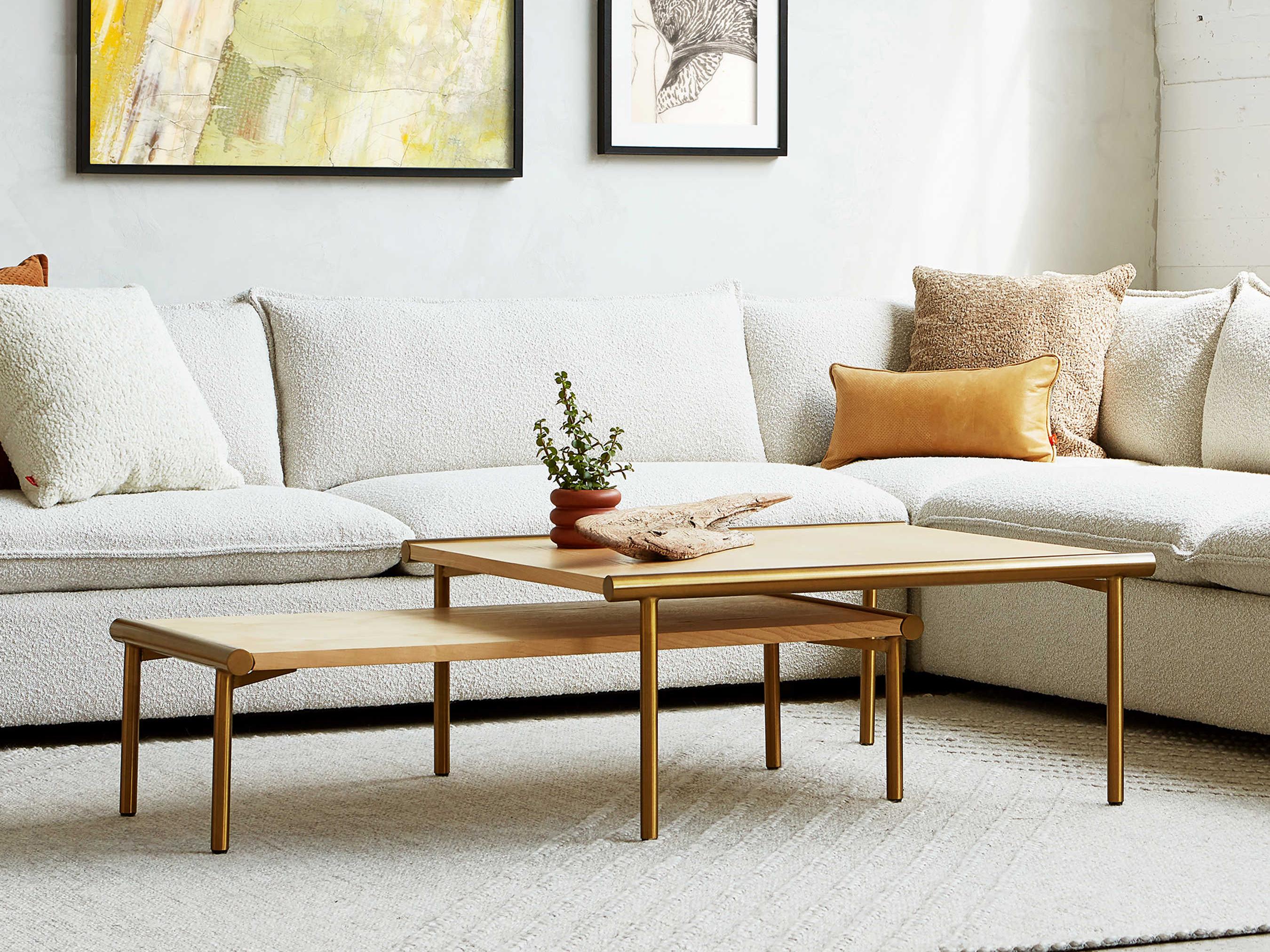 Gus* Modern Manifold Rectangular Wood Blonde Ash Brass Coffee Table